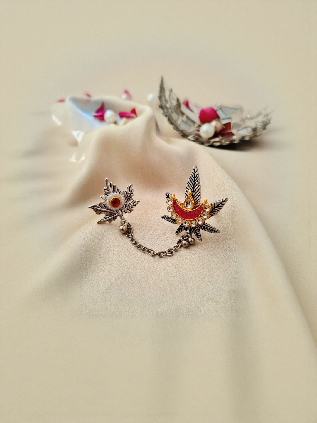 ISHKAARA Oxidised Moon With Red Kundan Stone-Studded Adjustable Finger Chain Ring