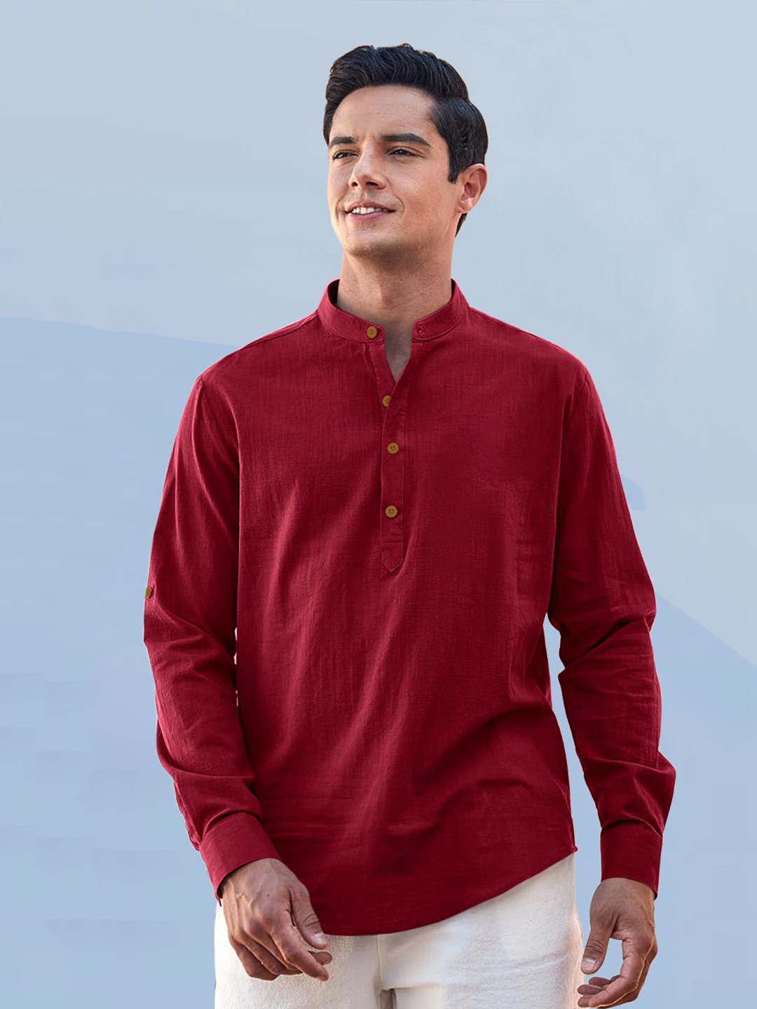 ZELINCO Mandarin Collar Roll-Up Sleeves Straight Short Kurta