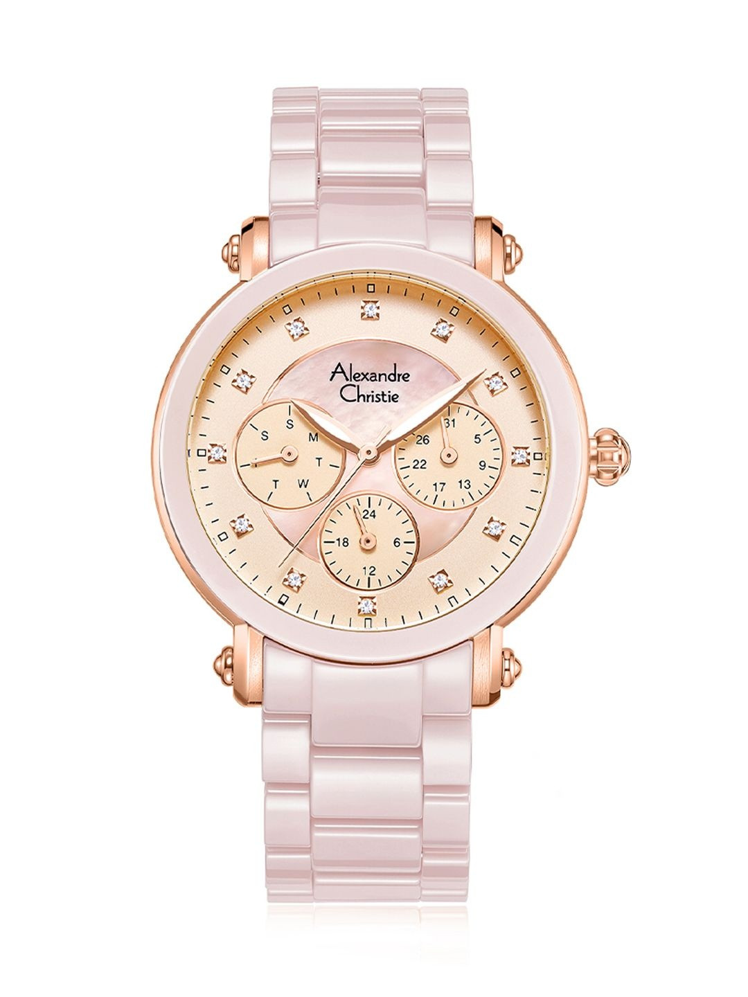 Alexandre Christie Women Round Dial & Ceramic Straps Watch 2377BFBRGPN