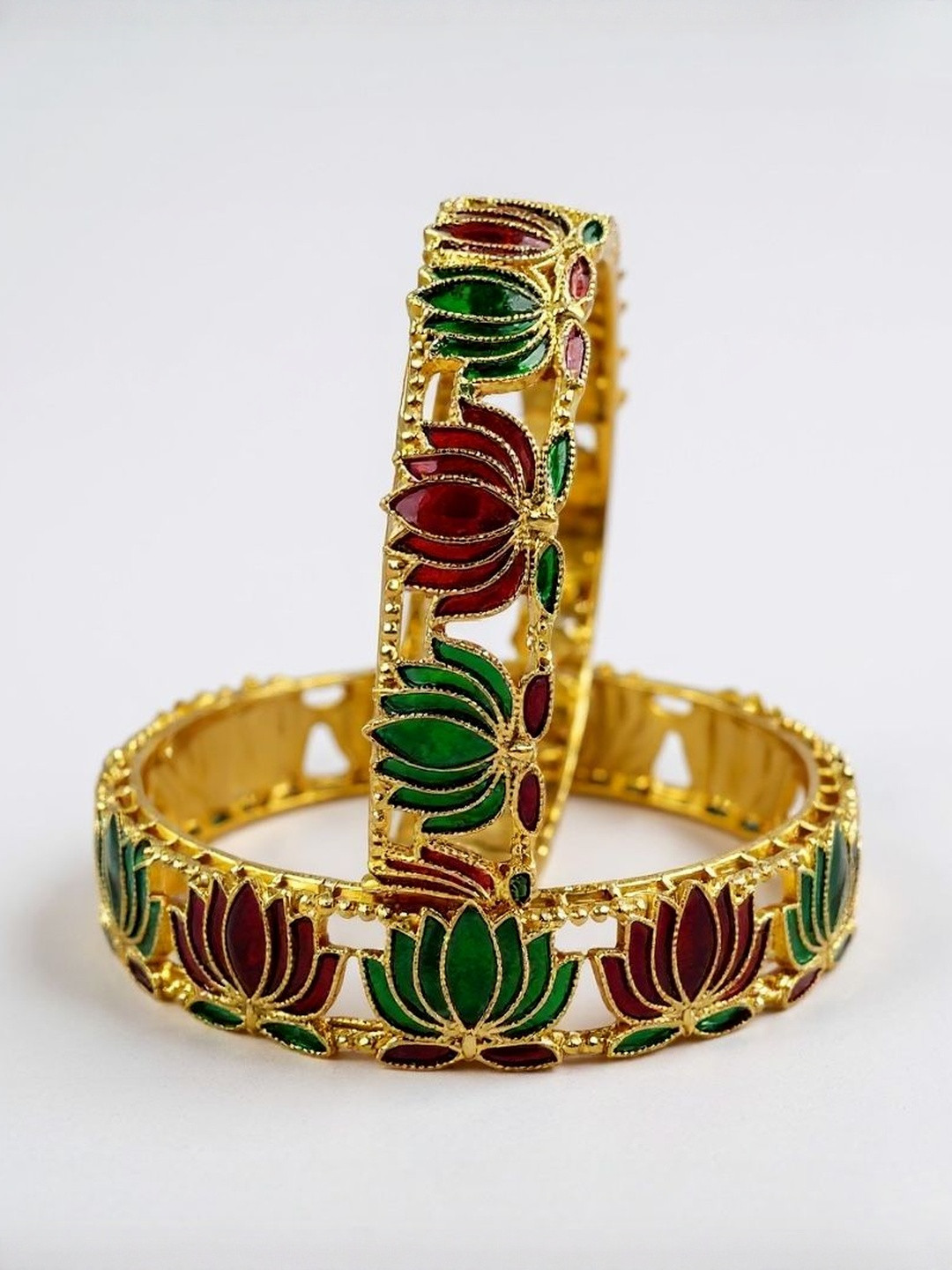 ANTIQUE JEWELLERY Set Of 2 Gold-Plated Lotus Design Enamelled Bangles