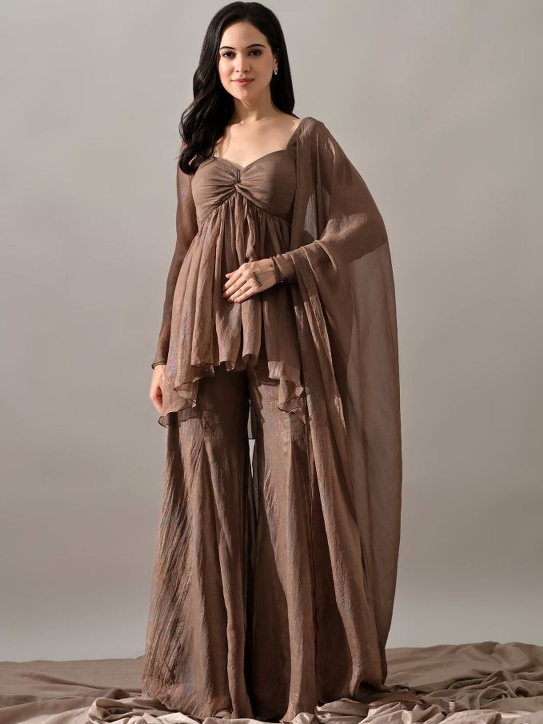 KELIN Sweetheart Neck Tiered A-Line Kurta With Sharara & Dupatta