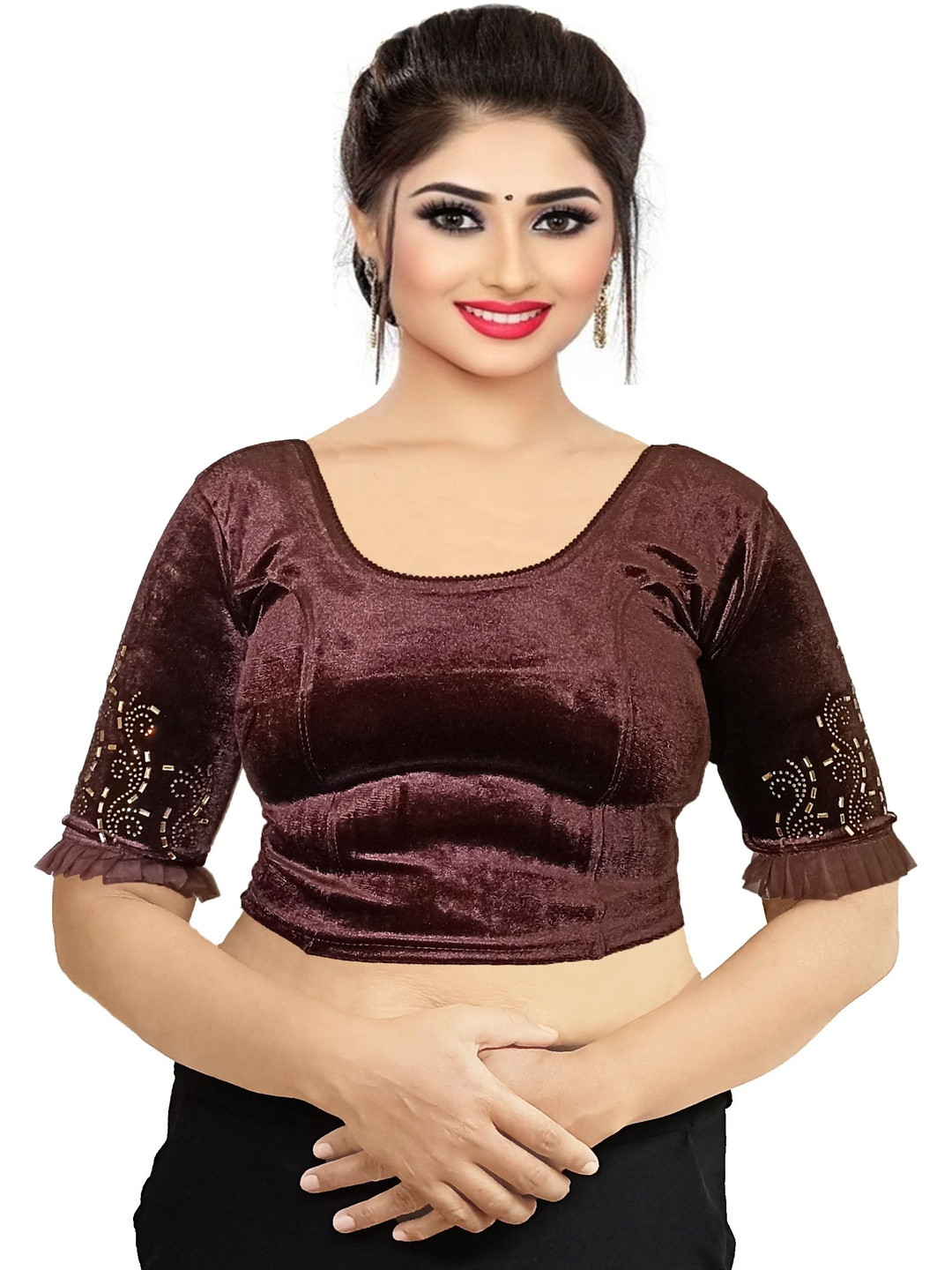 PU FASHION Women Readymade Strechable Velvet Stone work Blouse