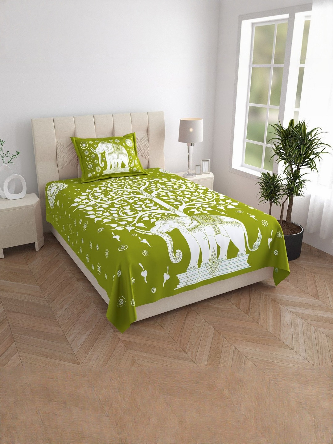 DHANOTA Green Printed Cotton 160 TC Single Bedsheet &1 Pillow Cover 89.7 inch x 59.8 inch