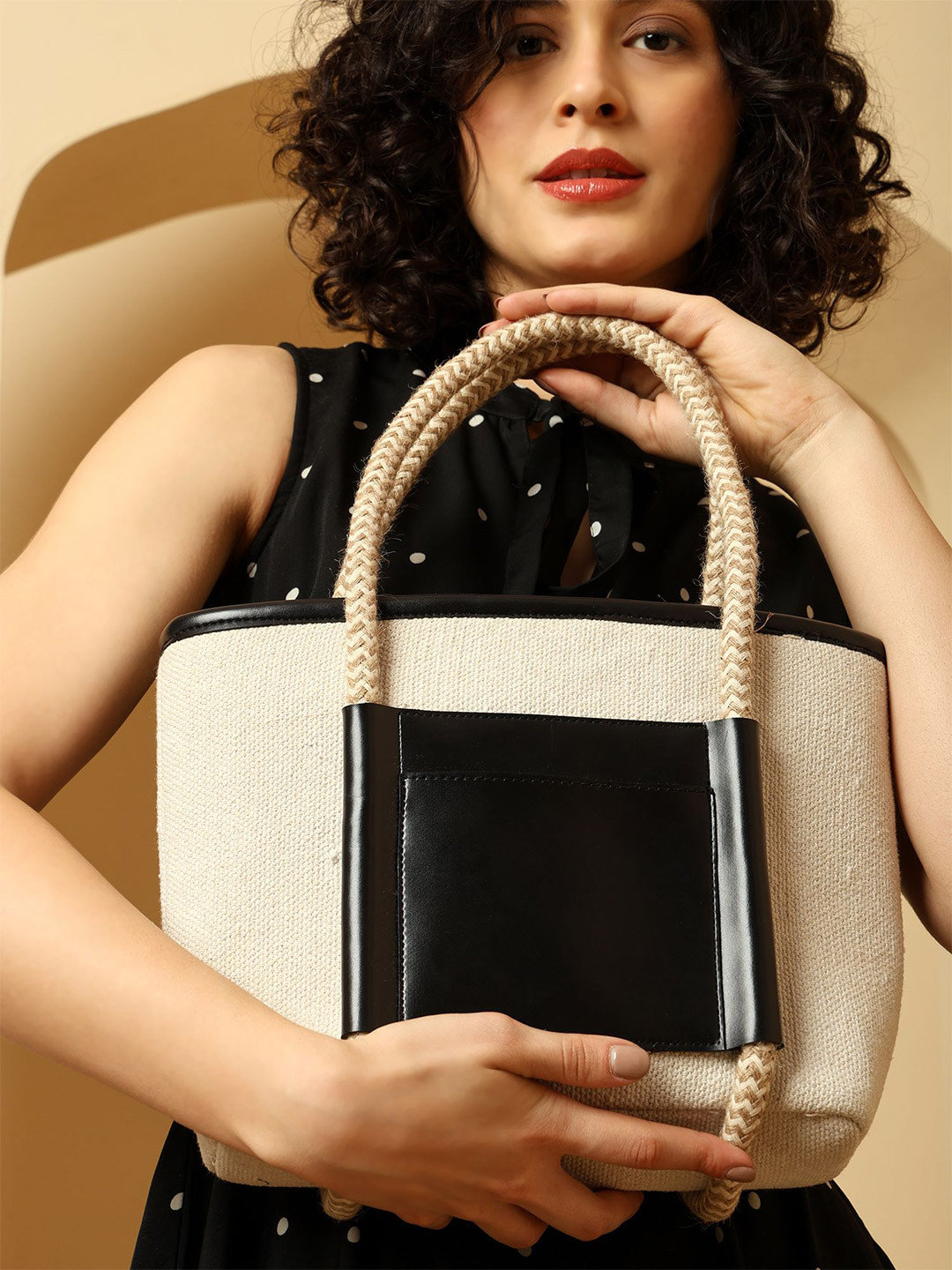 ENSAC Beige & Black  Solid Colourblocked Printed Detachable Sling Strap Tote Bag