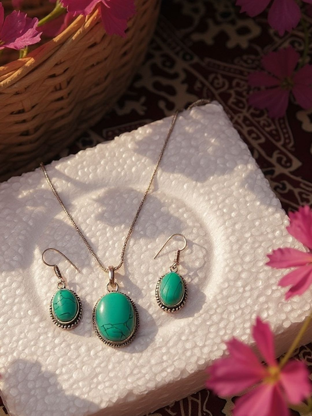 The Style Courtyard Artificial Stone-Studded Oxidised Oval Shaped Pendant And Earrings
