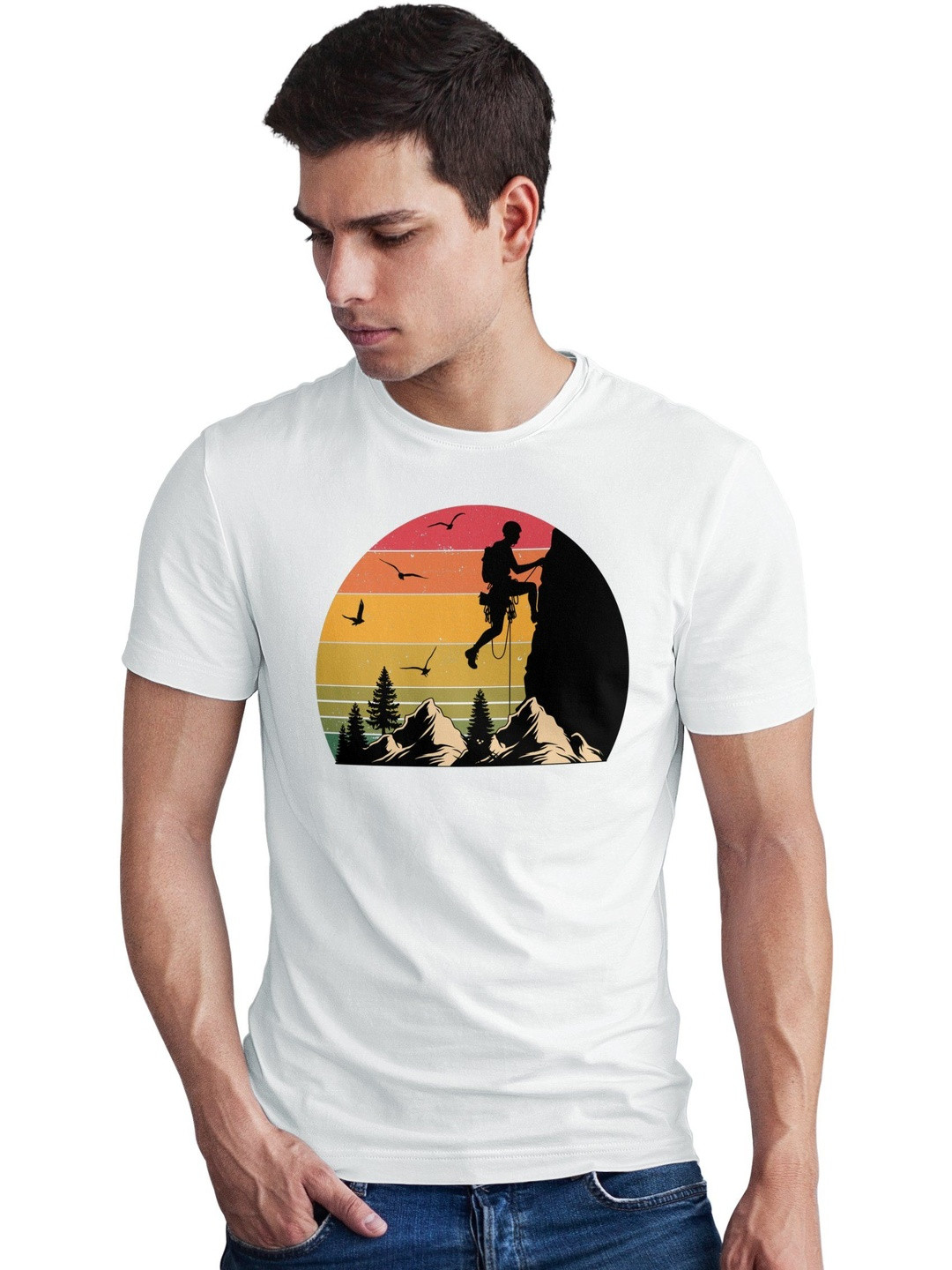 Seekbuylove Men Rock Climbing Printed Round Neck Short Sleeves Bio Finish Cotton T-shirt