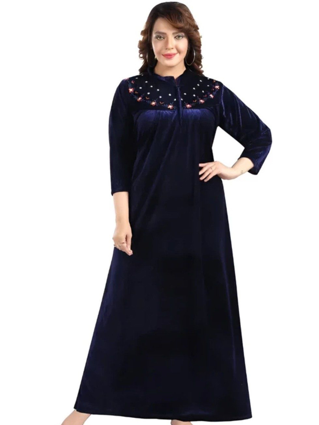 Kleidung Floral Embroidered Velvet Mandarin Collar Maxi Nightdress