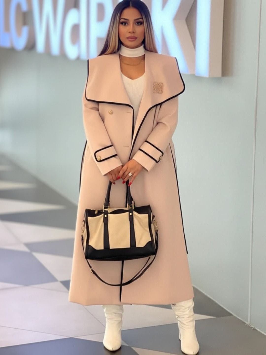 TRENBEE Astana Women Spread Collar Long Knit Blazer with Belt ivory Overcoats