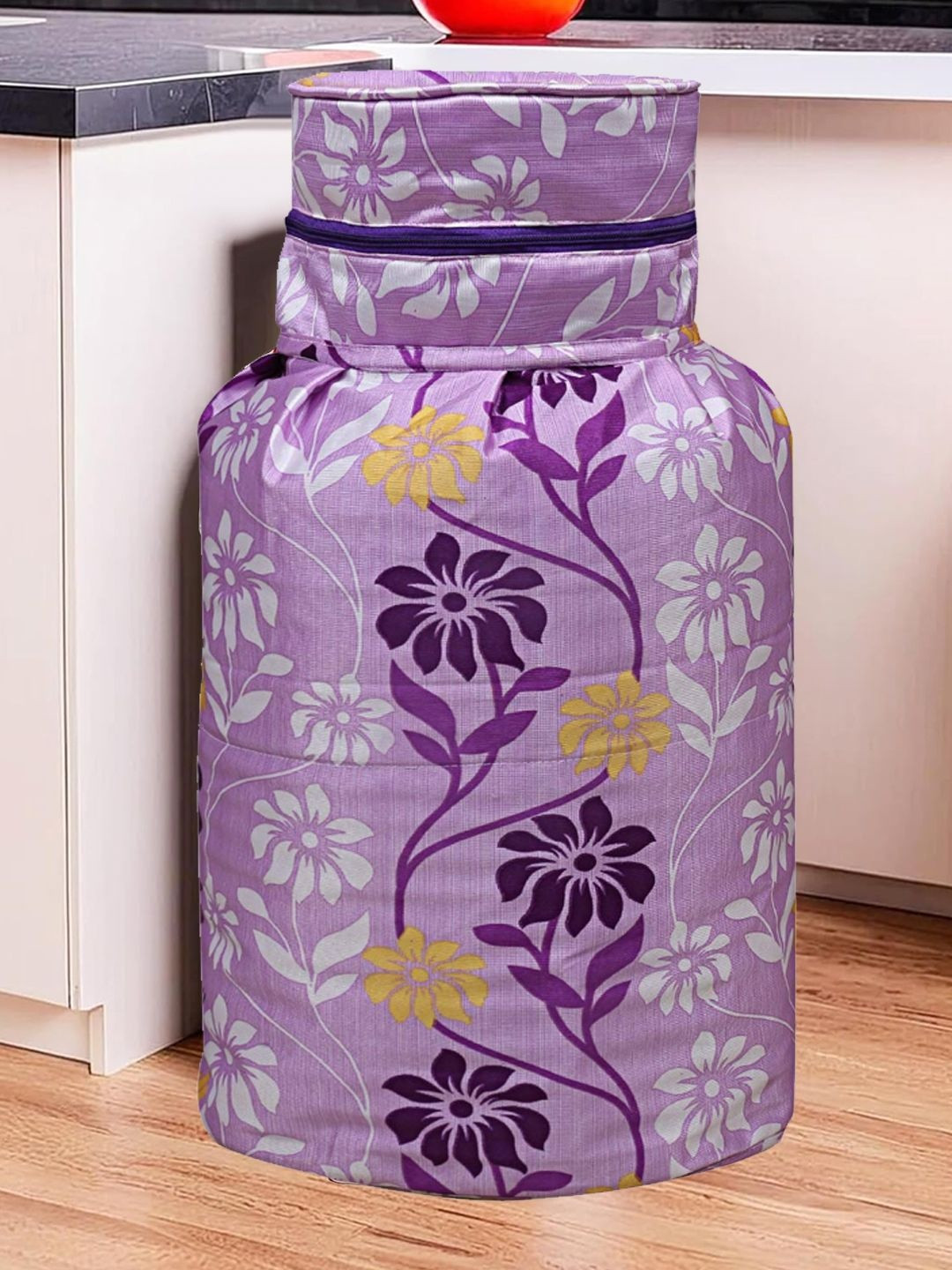 Kuber Industries Purple & White Floral Printed LPG Gas Cylinder Cover