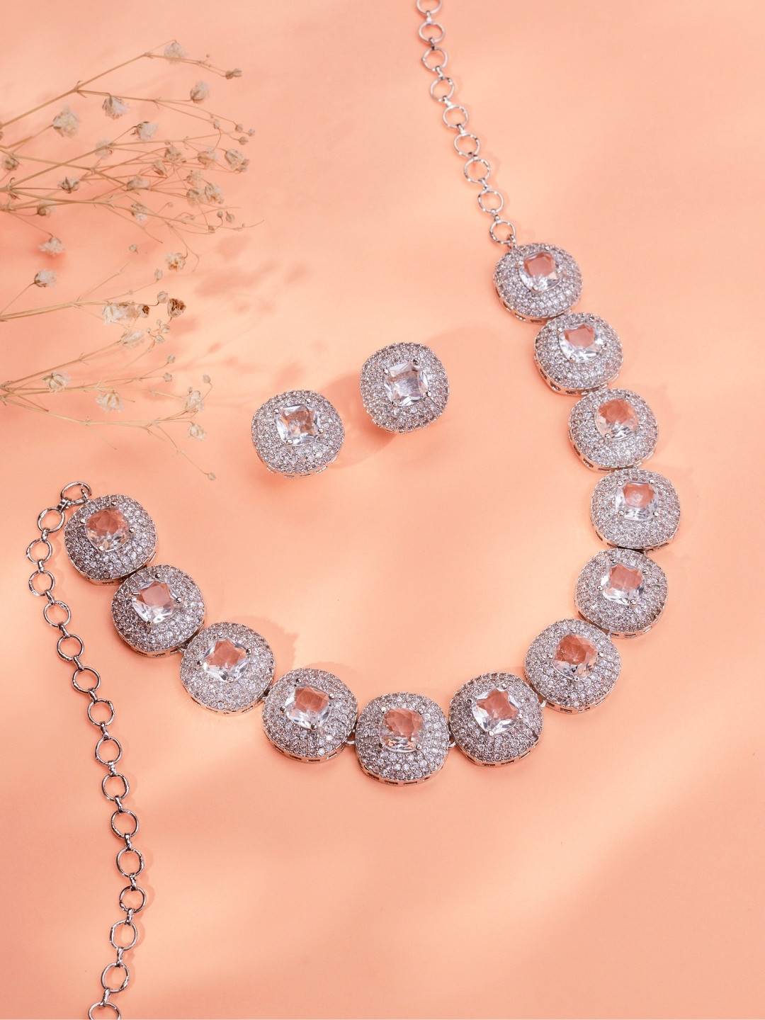Opal Touch Rhodium-Plated Cubic Zirconia Studded Necklace And Earrings
