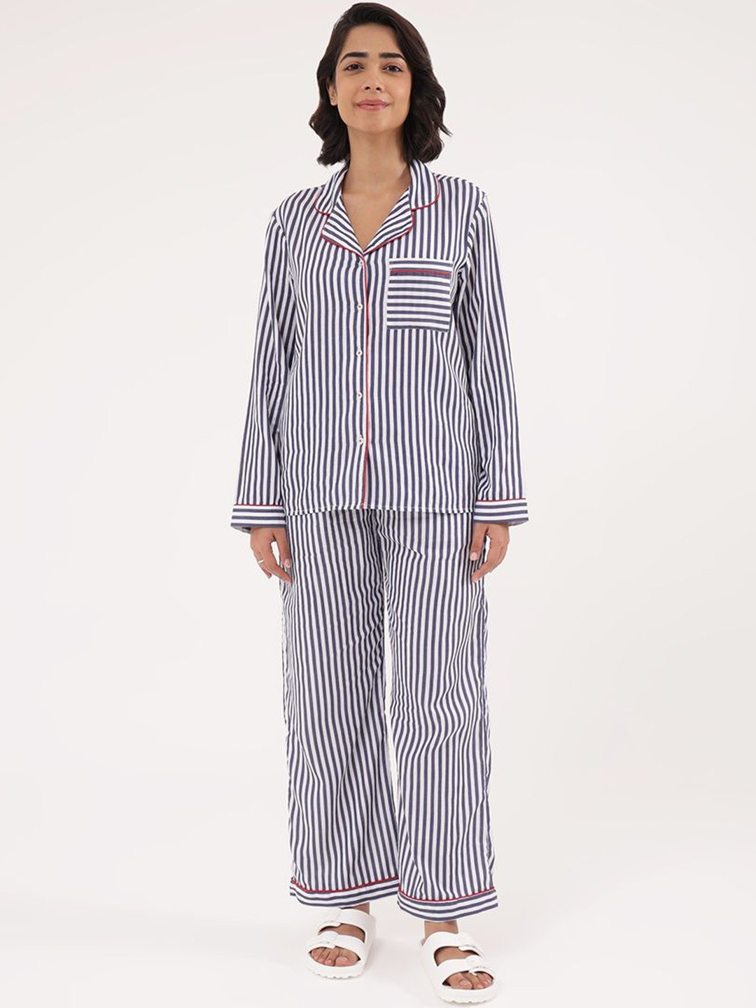 Slumber Jill Striped Pure Cotton Cuban Collar Long Sleeves Shirt & Pyjama Night suit