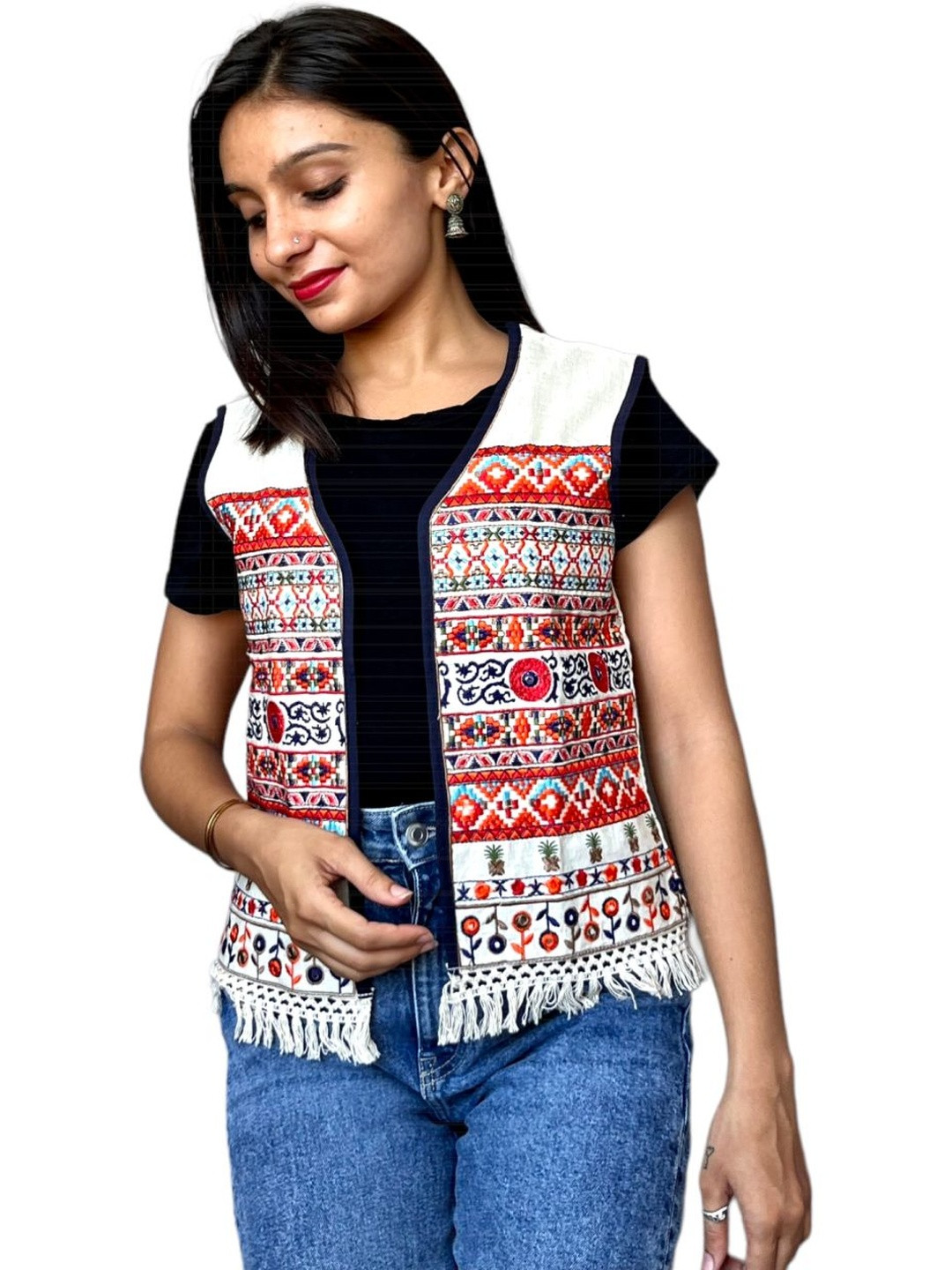 TAVAN Tassel Hem Embroidered Shrug