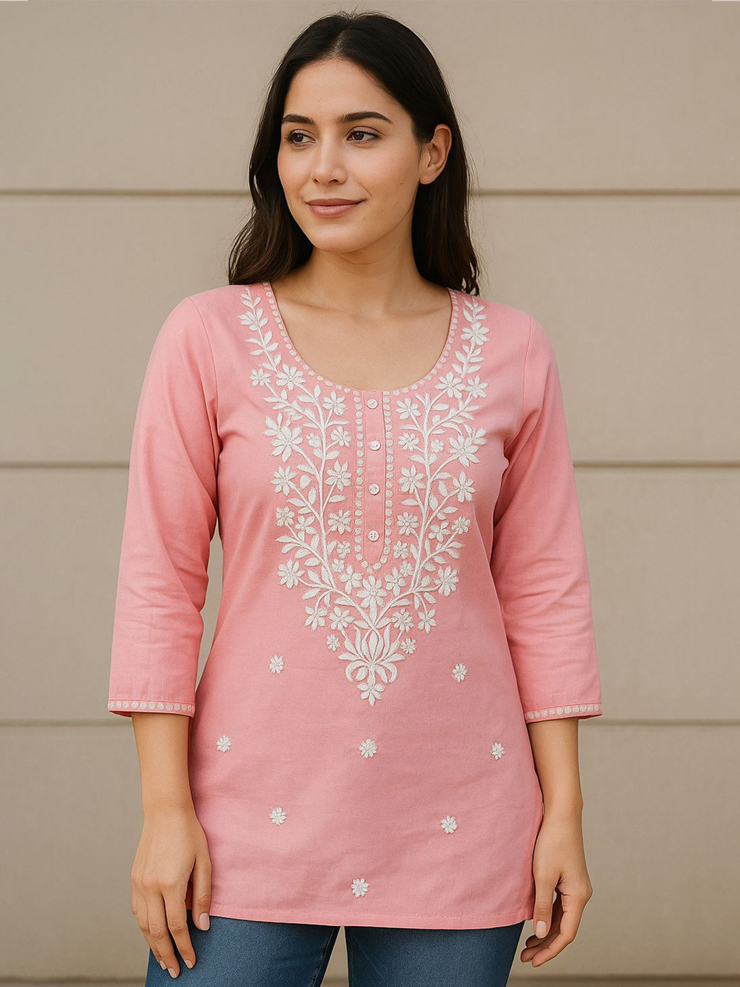 ROSHNI Floral Embroidered Thread Work Cotton Straight Short Kurta