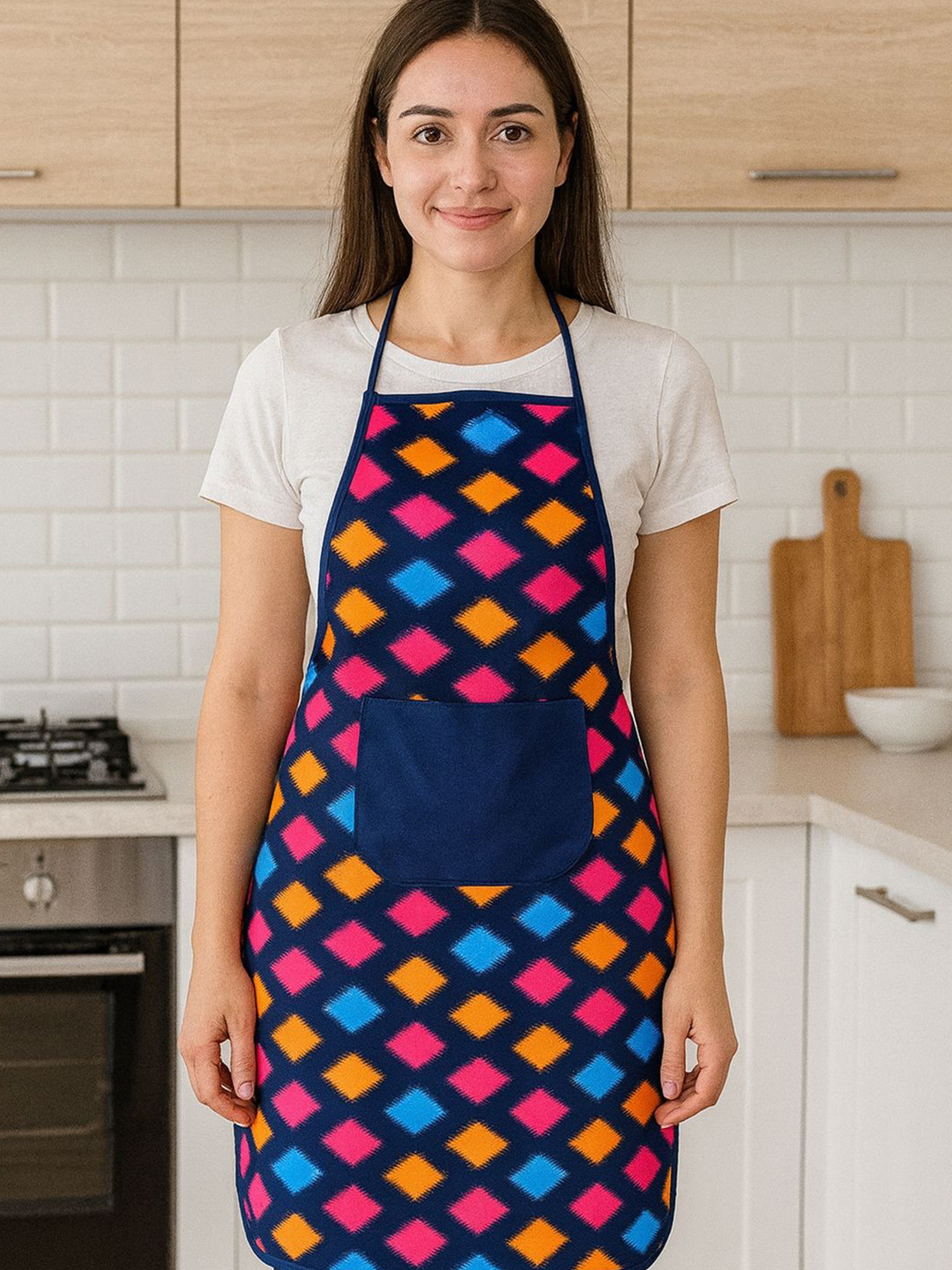 Kuber Industries Navajo Blue & Pink Printed Satin Apron With Front Center Pocket