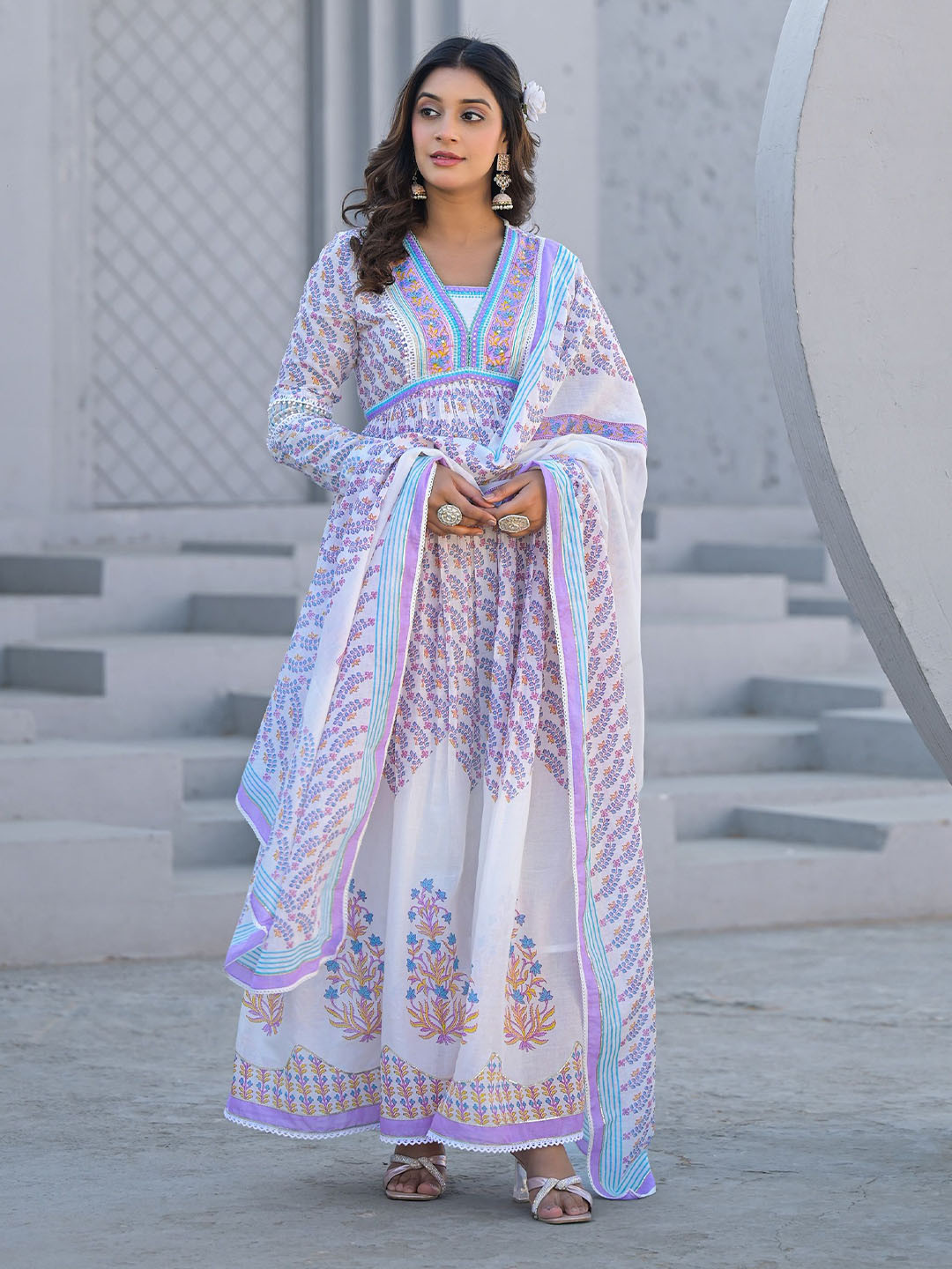 AARAAS Women Floral Printed Embroidered Round Neck Long Sleeves Gown Dress