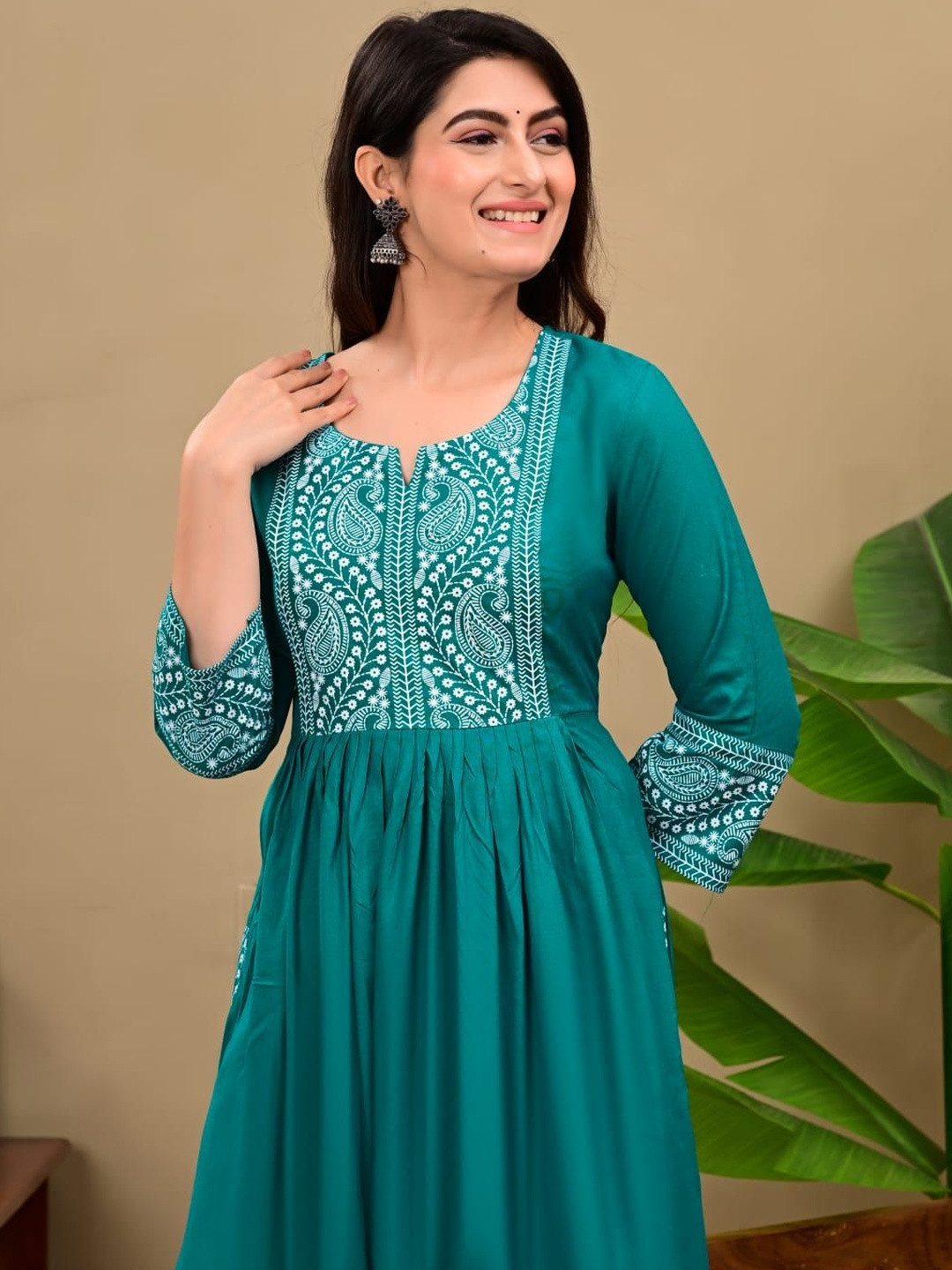 J.H Women Green Printed Rayon Naira Cut Kurta