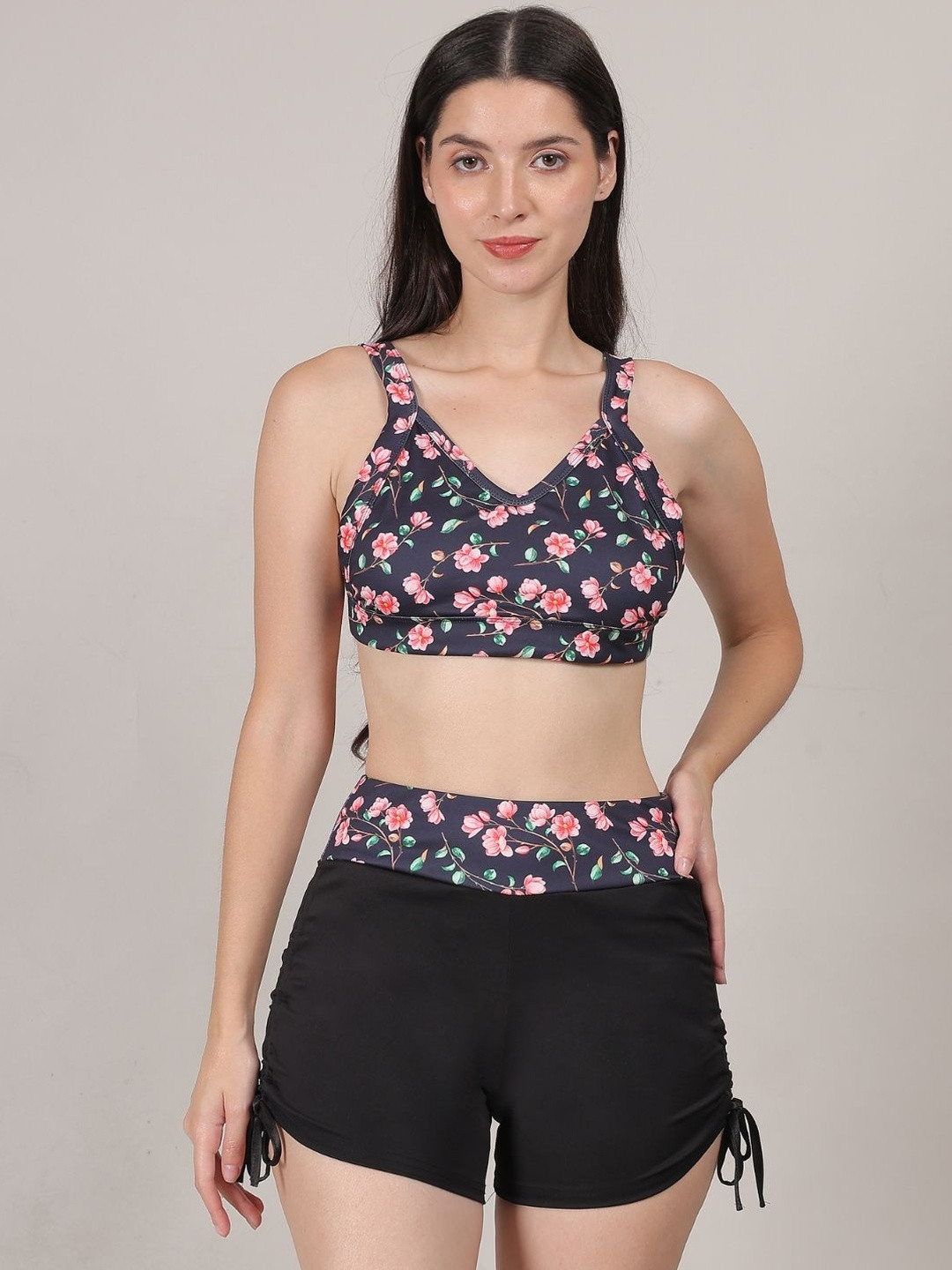 MEGASKA Floral Printed 2 Piece Bikini Top & Drawstring Boyshorts Swim Set