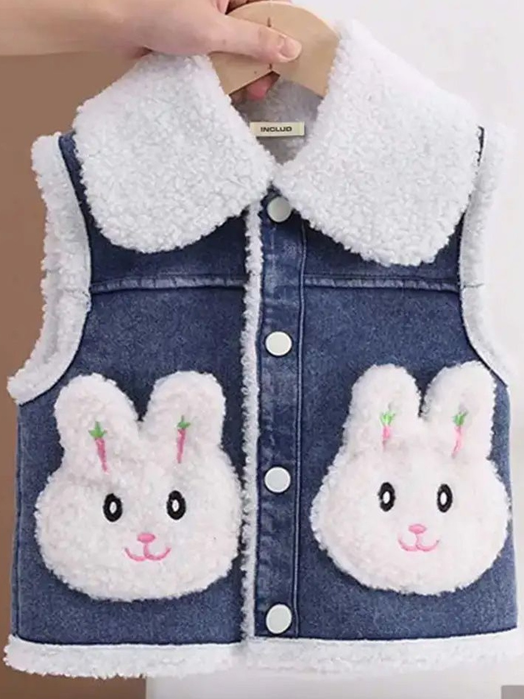 INCLUD Girls Sleeveless White Fleece Lining & Bunny Applique Denim Jacket