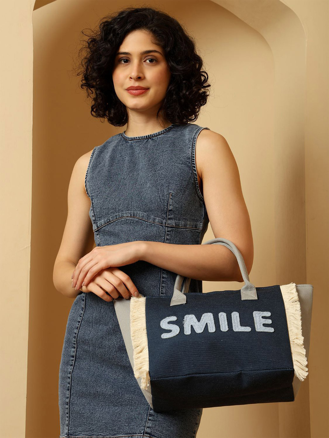 ENSAC Blue & White Solid Shopper Buckle Detail Handheld Bag