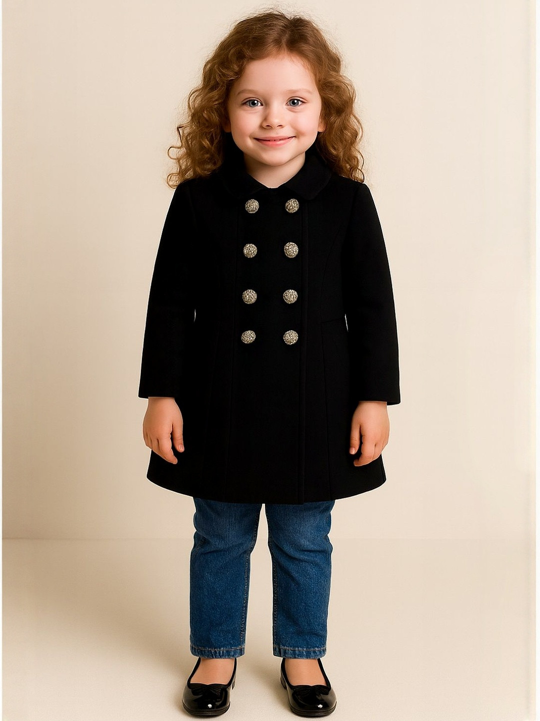 K Girls Black Classic Full Sleeves Double -Breasted A-Line Peacoat