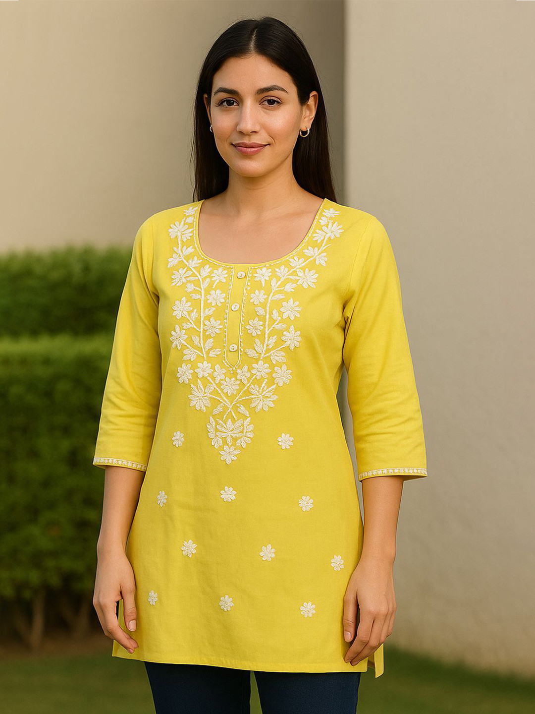 ROSHNI Floral Embroidered Thread Work Cotton Straight Short Kurta