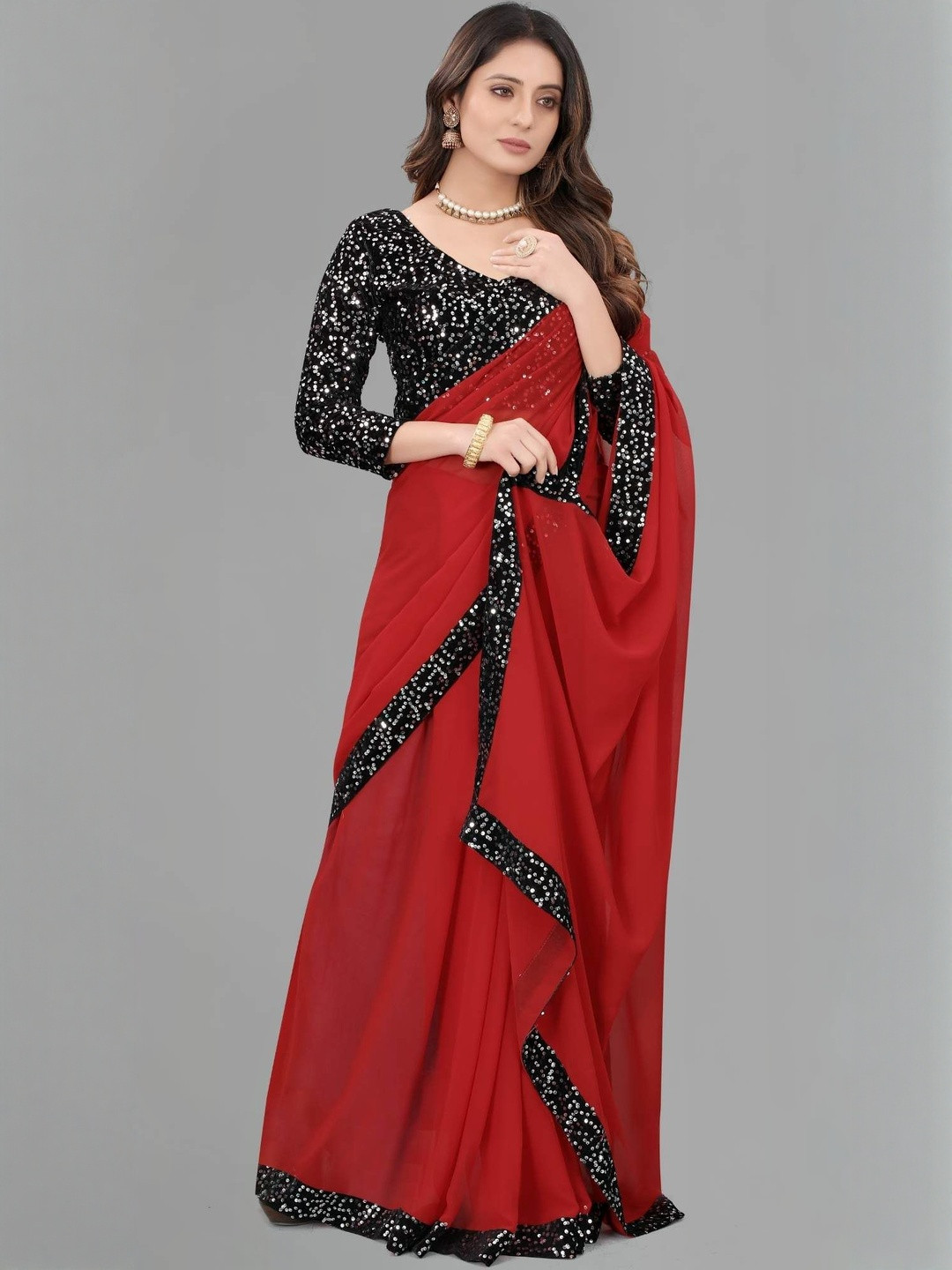 MEAVEN FEB Elegant Black Velvet Saree with Designer Sequin Work
