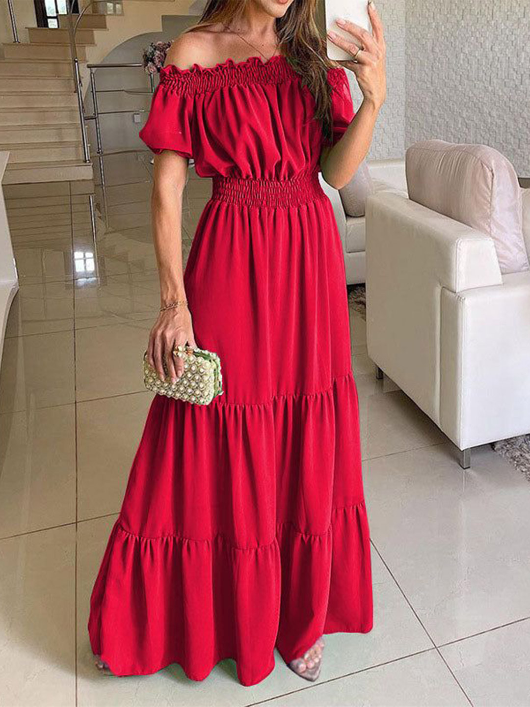 Outzidr Off-Shoulder Flared Sleeve Maxi Dress