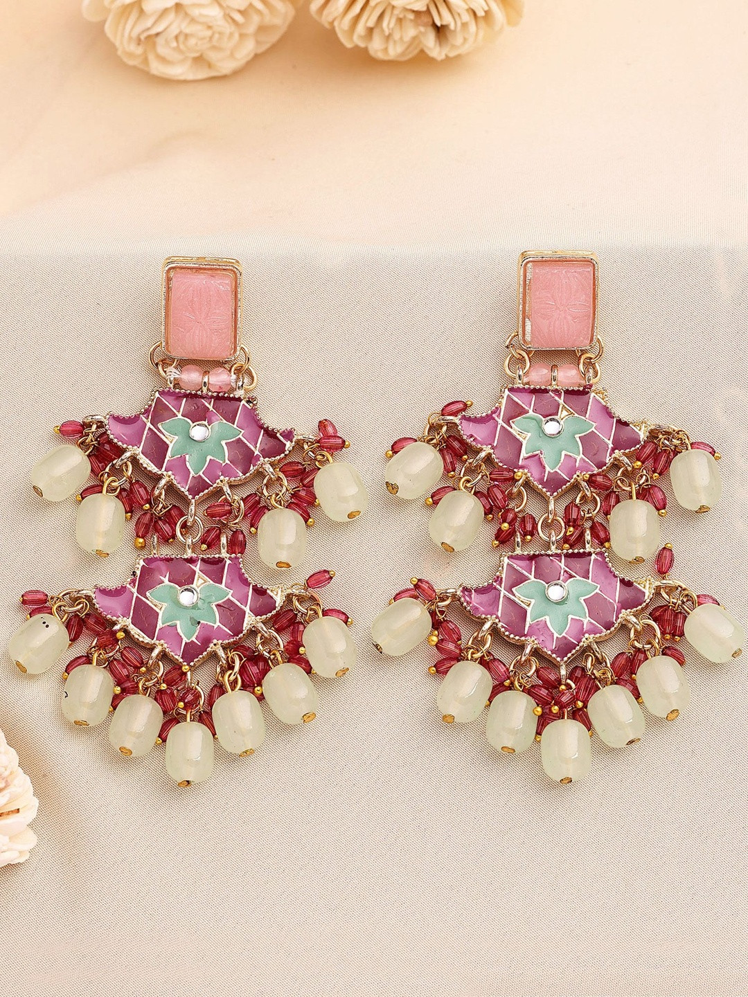 KARATCART Designer Gold-Plated Pink and Green Enamel Dangler Earrings for Women