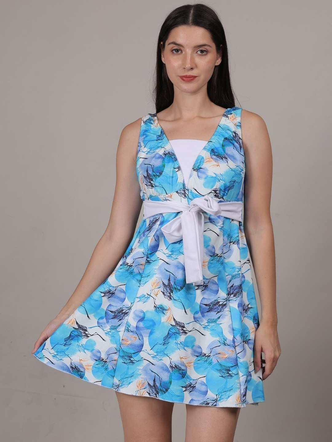 MEGASKA Floral Printed V-Neck Full Coverage Swimming Dress