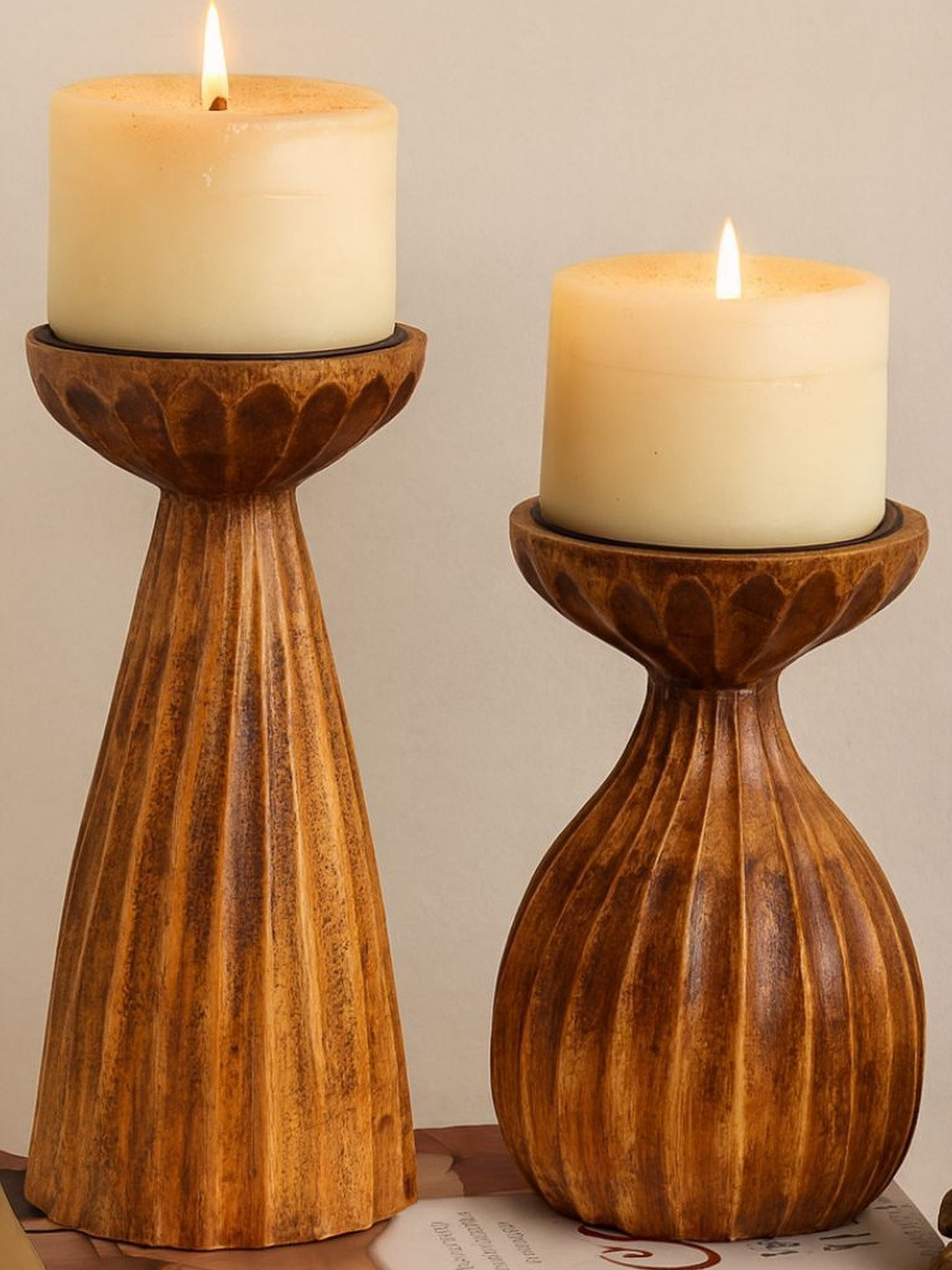 Akira Furnishings Brown 2 Pieces Bold Design Bamboo Candle Holders
