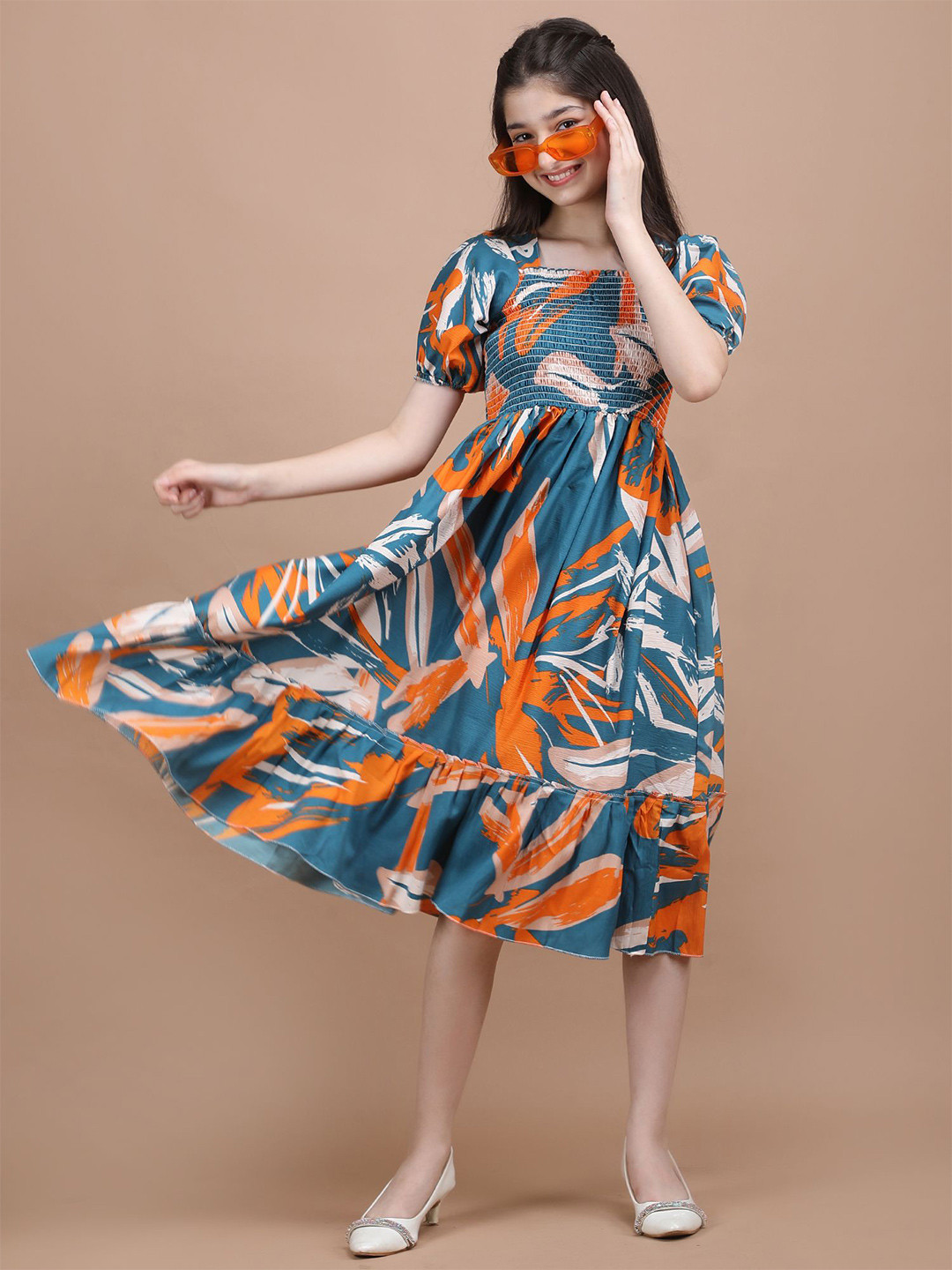 PTVIZE Girls Printed Puff Sleeve Fit and Flare Dress