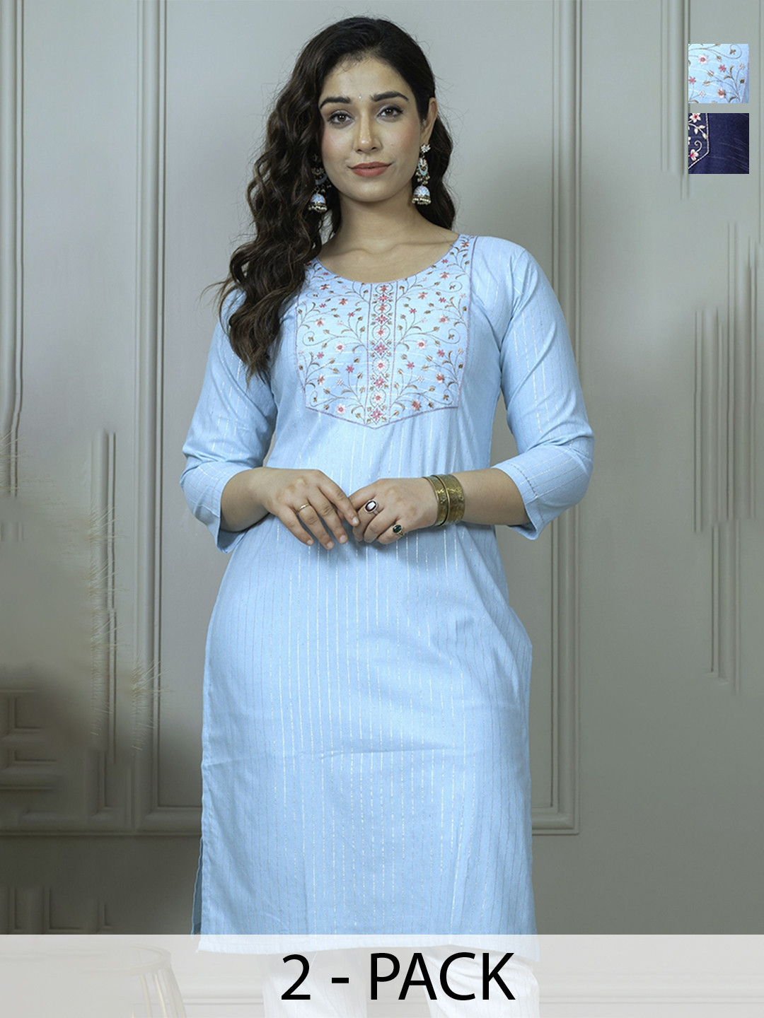 Auzanoor Collection Women Multicolor Set Of 2 Knee Length V-Neck Kurta