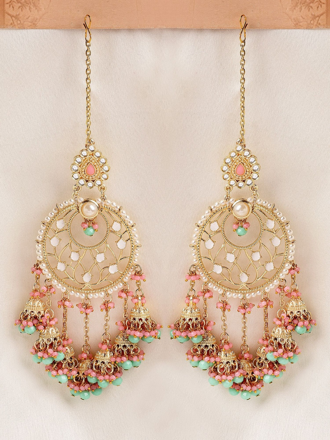 KARATCART Women Designer Gold-Plated Pink and Blue Crystal Kundan Dangler Earrings