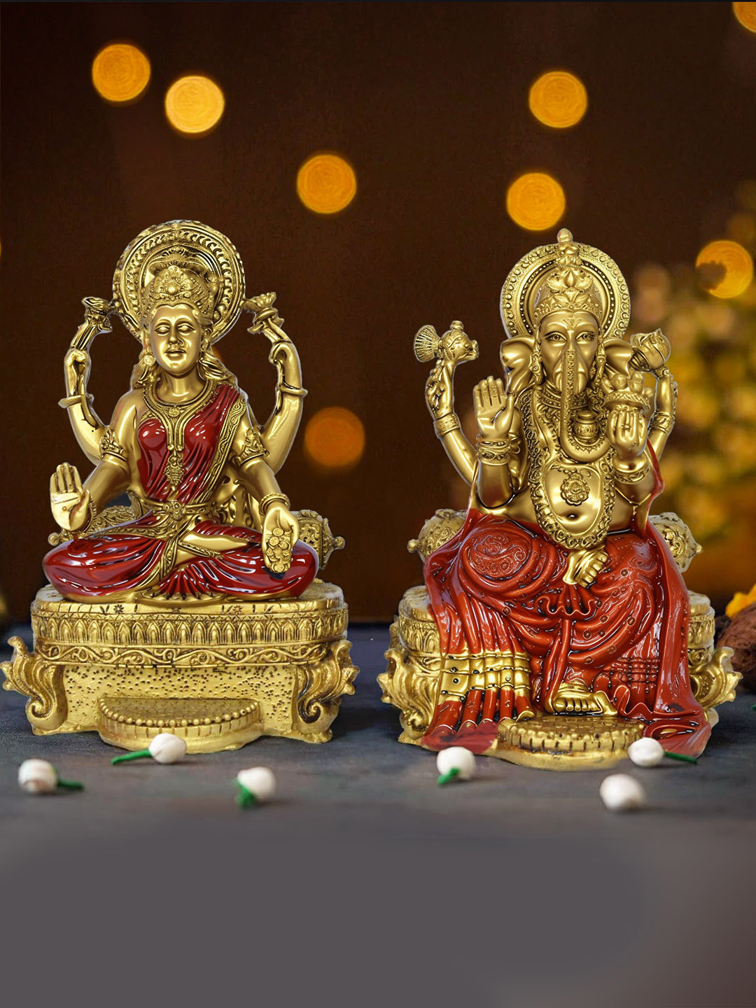 TIED RIBBONS Ganesh and Laxmi Gold Polyresin Matte Prayer Room Set of 2 Small Showpieces - 5 Inches