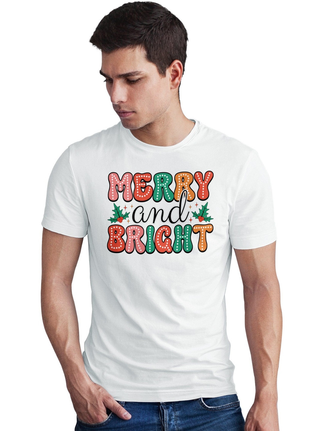 Seekbuylove Men Merry And Bright Printed Round Neck Bio Finish Cotton T-shirt
