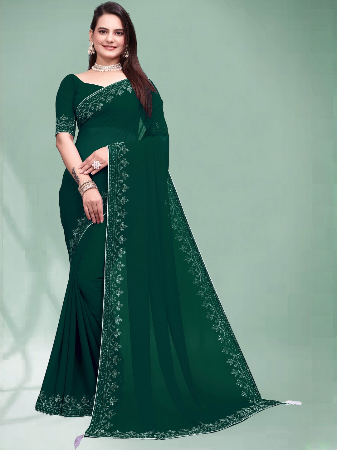 MEAVEN FEB Women Ethnic Motifs Pure Georgette Graceful Embellishment Heavy Work Saree