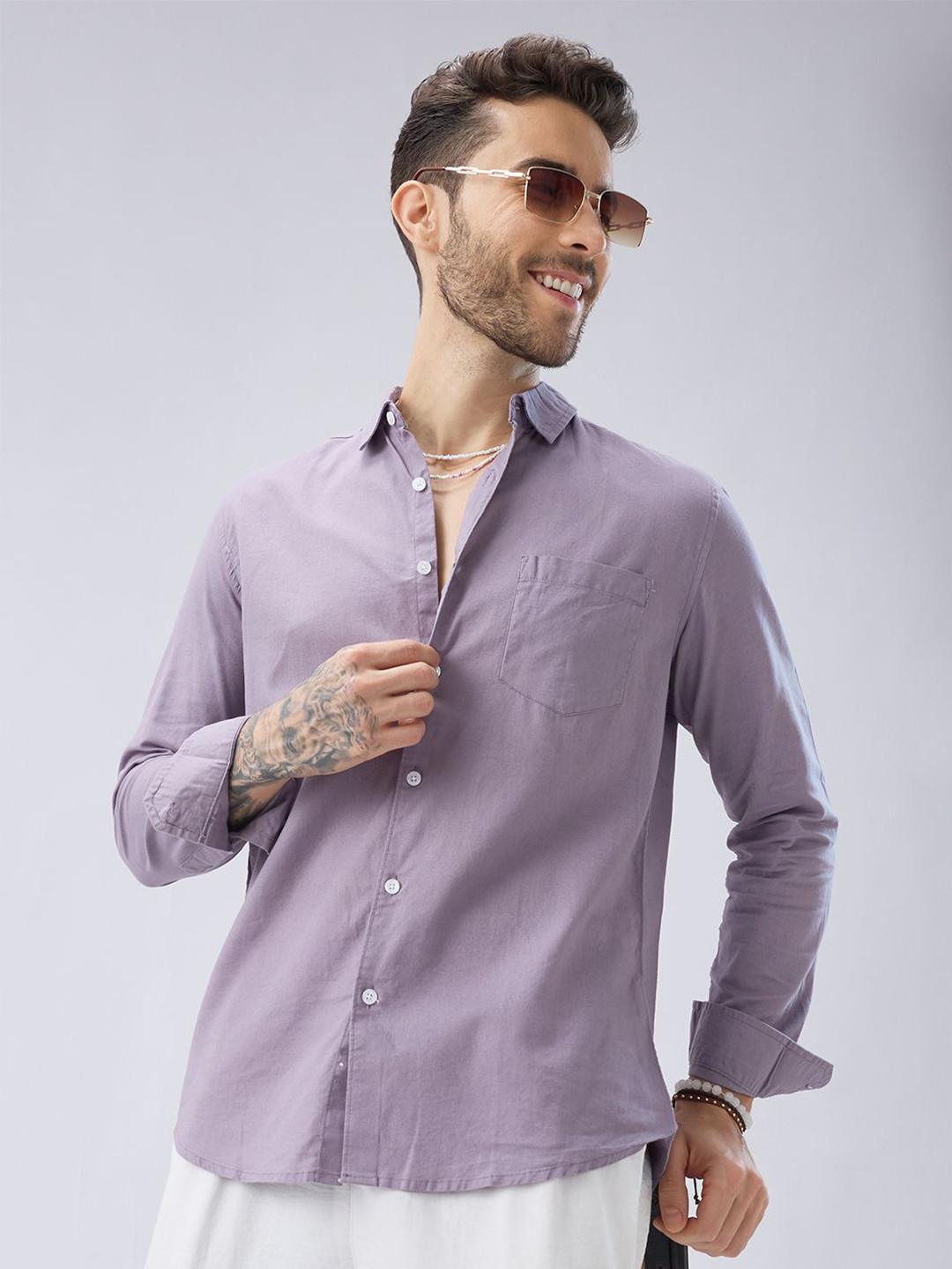 VASTRADO Muted Mauve Cotton Long Sleeves Slim Fit Shirt