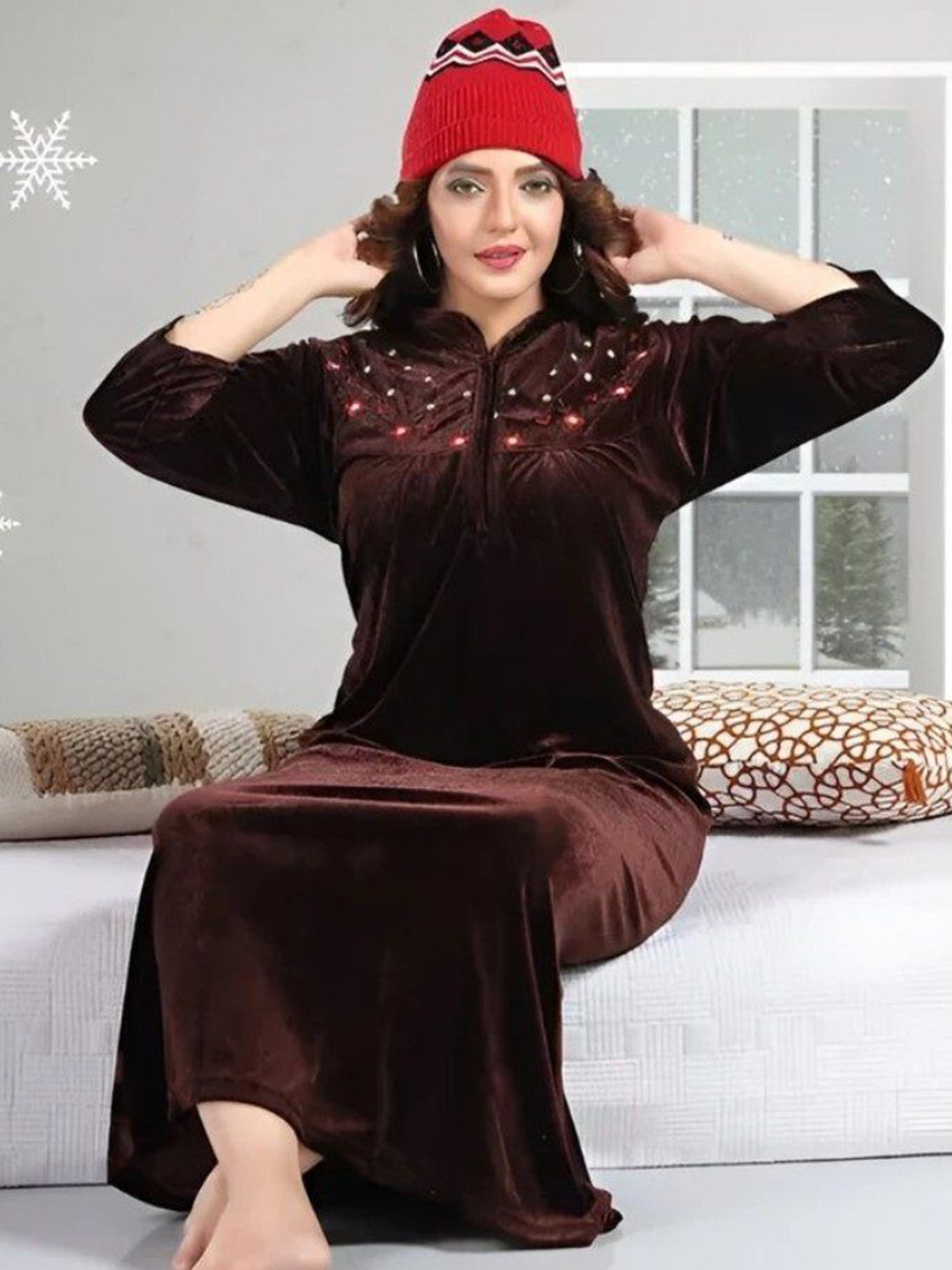 Kleidung Floral Embroidered Velvet Mandarin Collar Maxi Nightdress