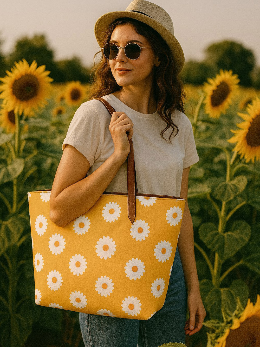 DressBerry Yellow Floral Printed Canvas Oversized Structured Shoulder Bag