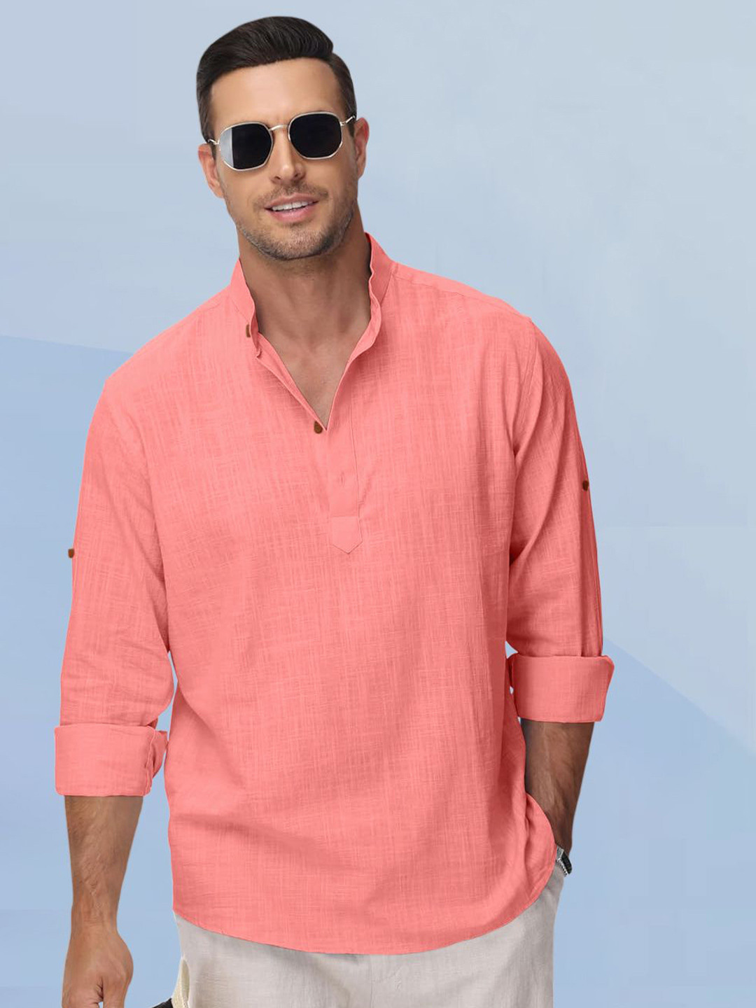 ZELINCO Band Collar Long Sleeves Straight Kurta