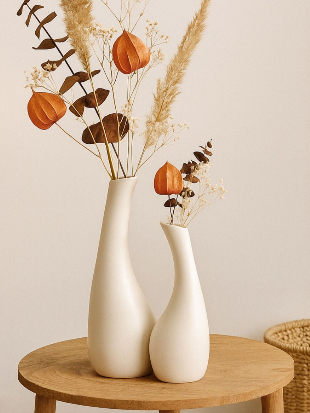 GLOBALLY INDIAN 2Pcs White Matte Finished Ceramic Contemporary Flower Vase