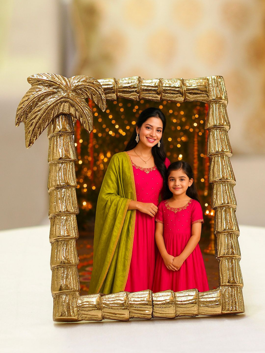 BEHOMA Golden Antique Metal Table-Top, Wall Hanging Small Palm Tree Design Photo Frame