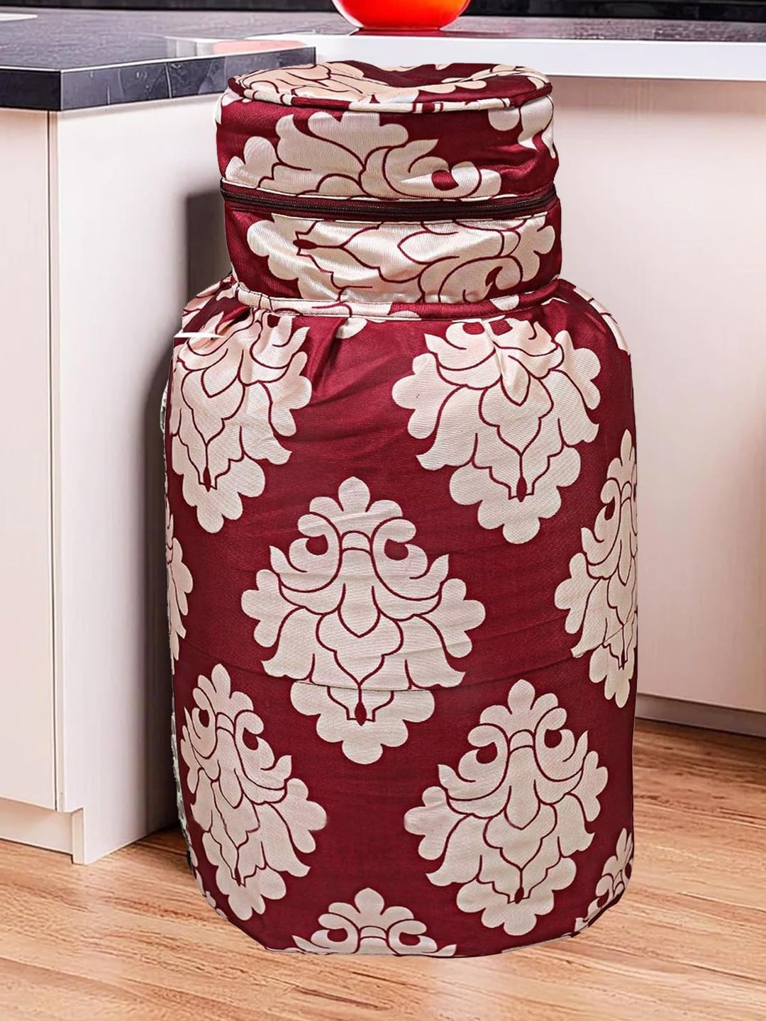 Kuber Industries Maroon & Off White Floral Printed LPG Gas Cylinder Cover