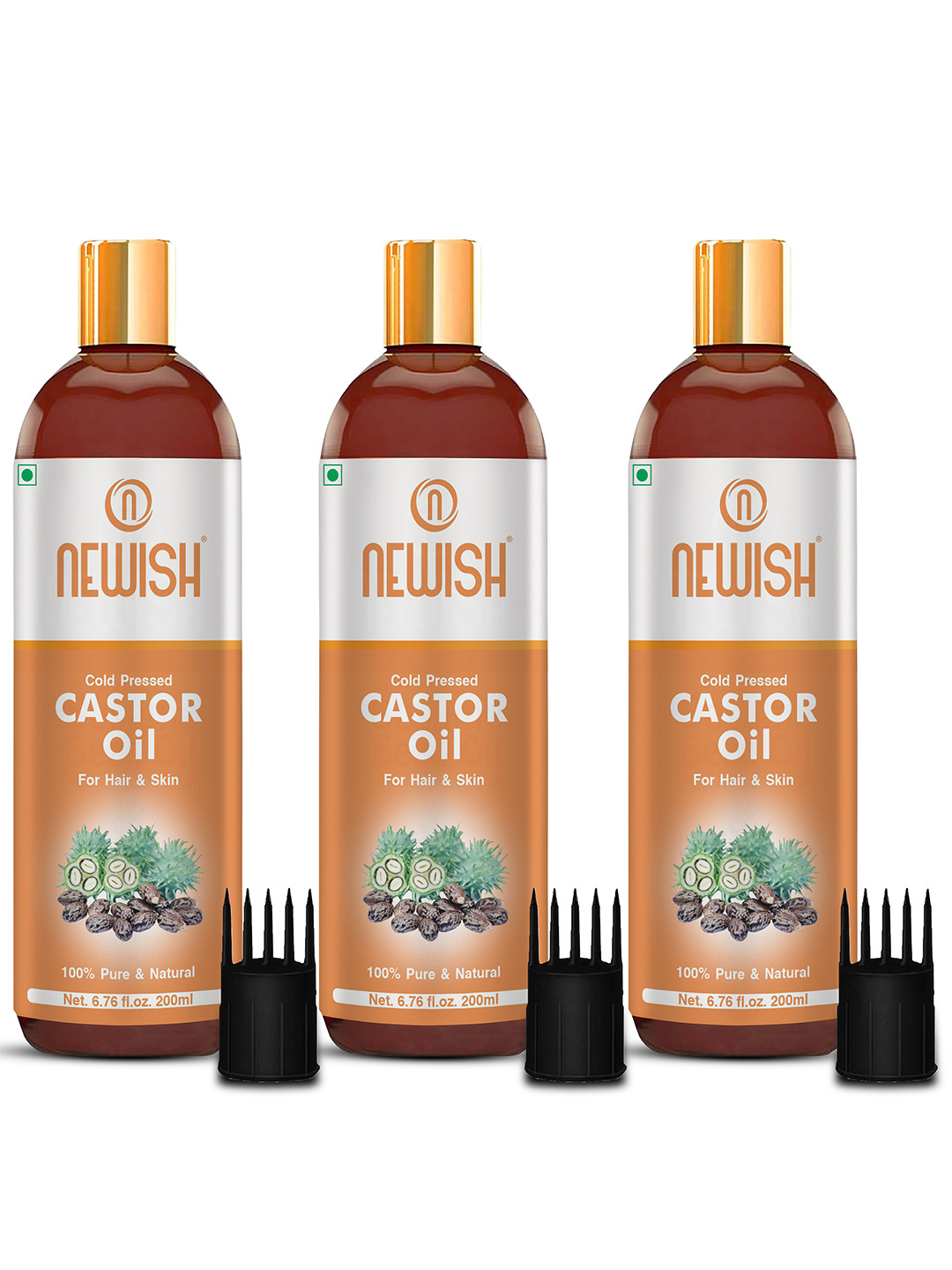NEWISH Set of 3 Cold Pressed Caster Seed Oil For Hair Fall Control & Growth - 200 ml Each