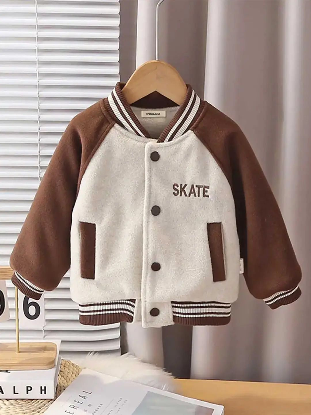 INCLUD Boys Brown Embroidered Varsity Jacket