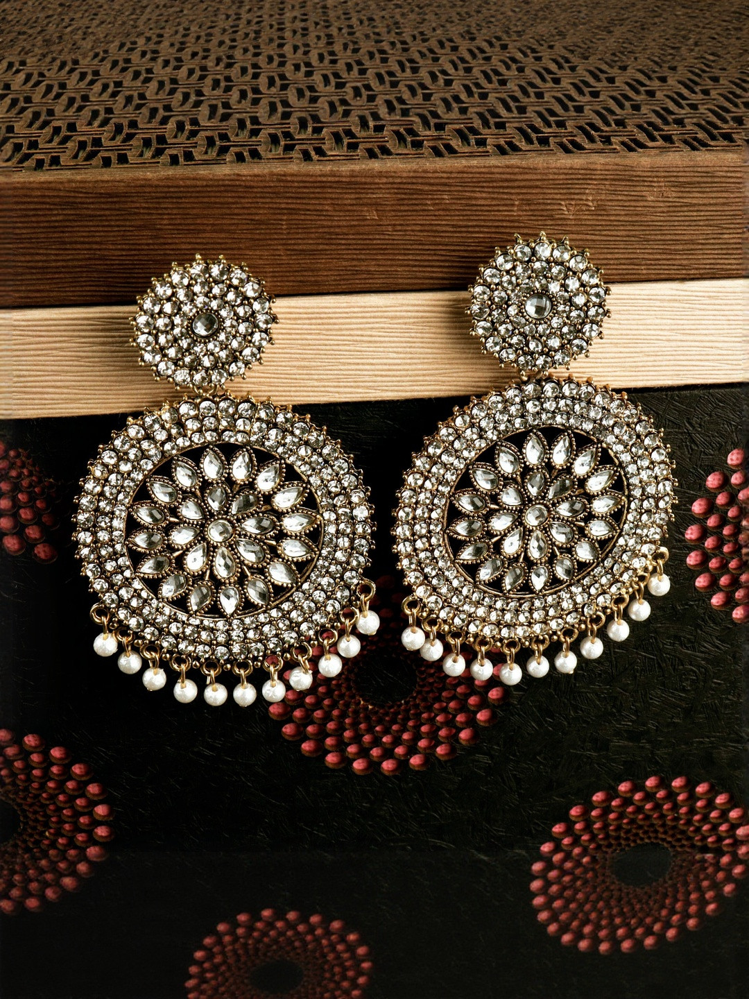 Just Devotional Silver-Plated Stones Studded & Pearls Beaded Circular Shaped Drop Earrings