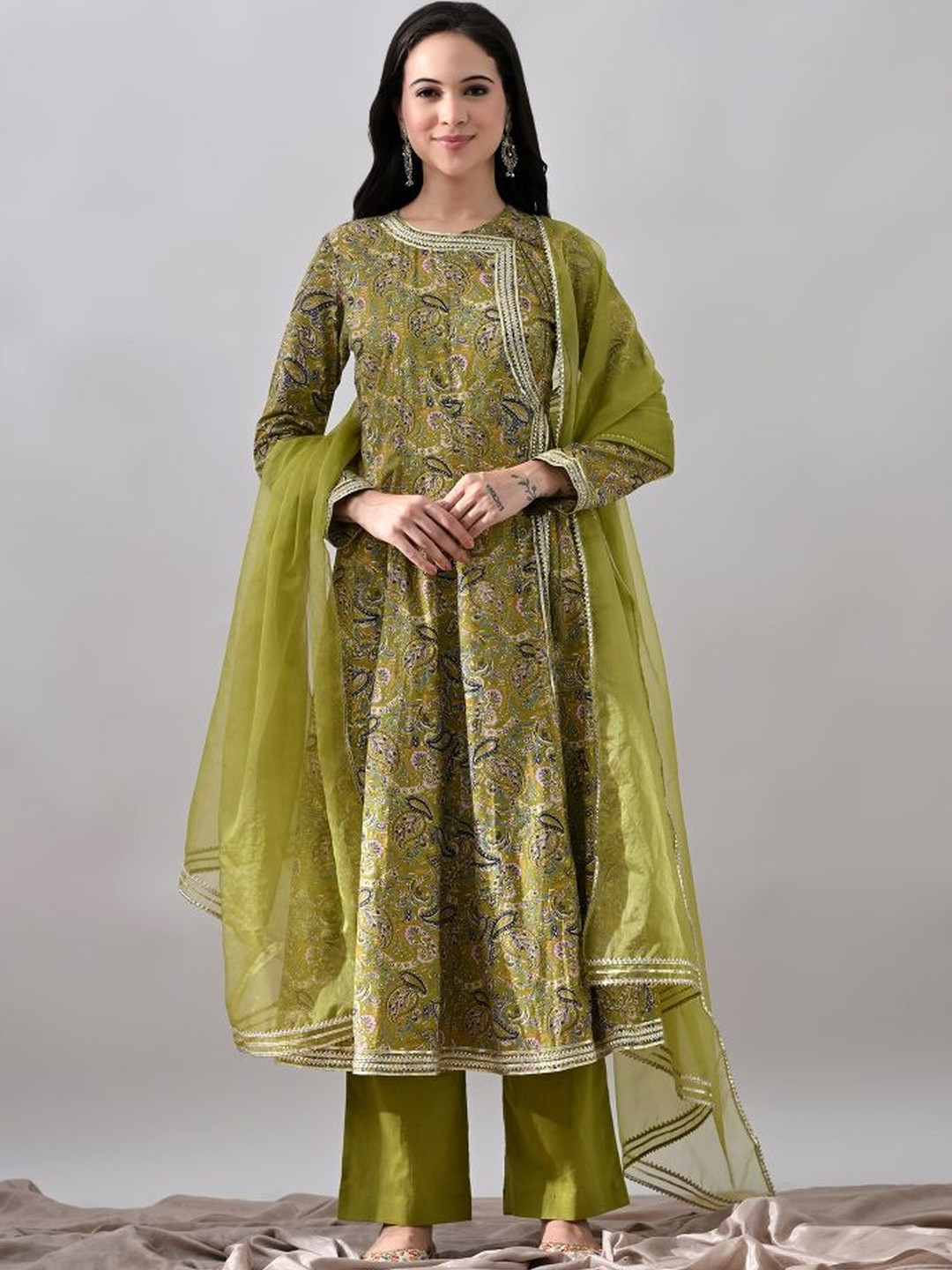 KELIN Ethnic Motifs Printed Round Neck Pure Cotton Anarkali Kurta With Trousers & Dupatta