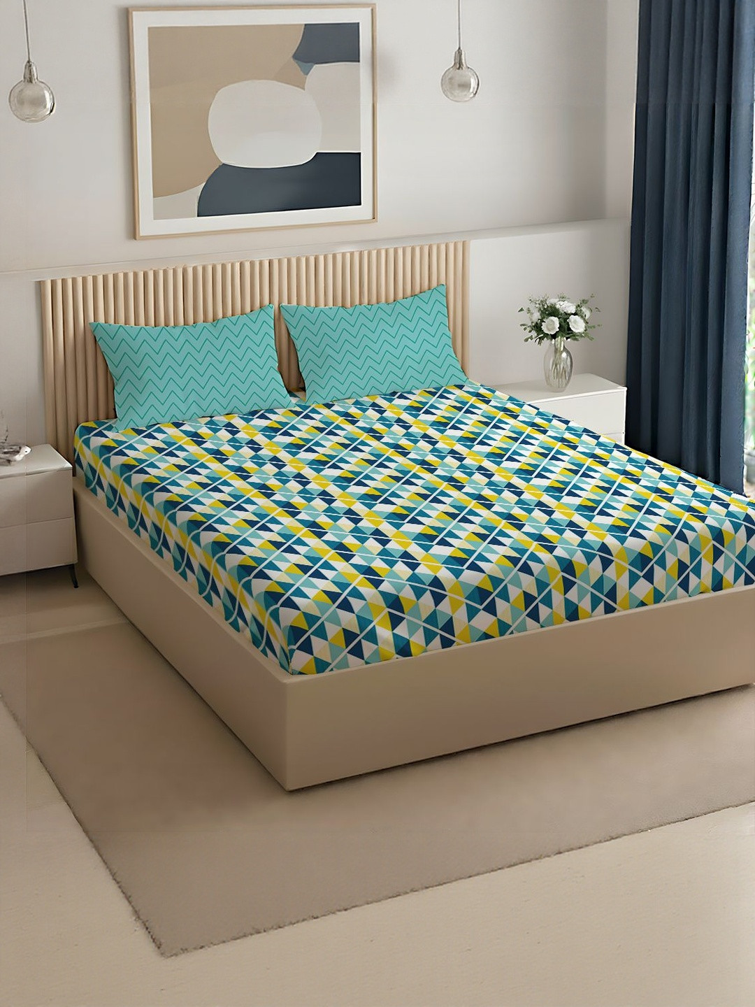 LIVSPACE Bello By Teal Geometric Printed Double Bedsheet Pillow Covers 88in x 100in