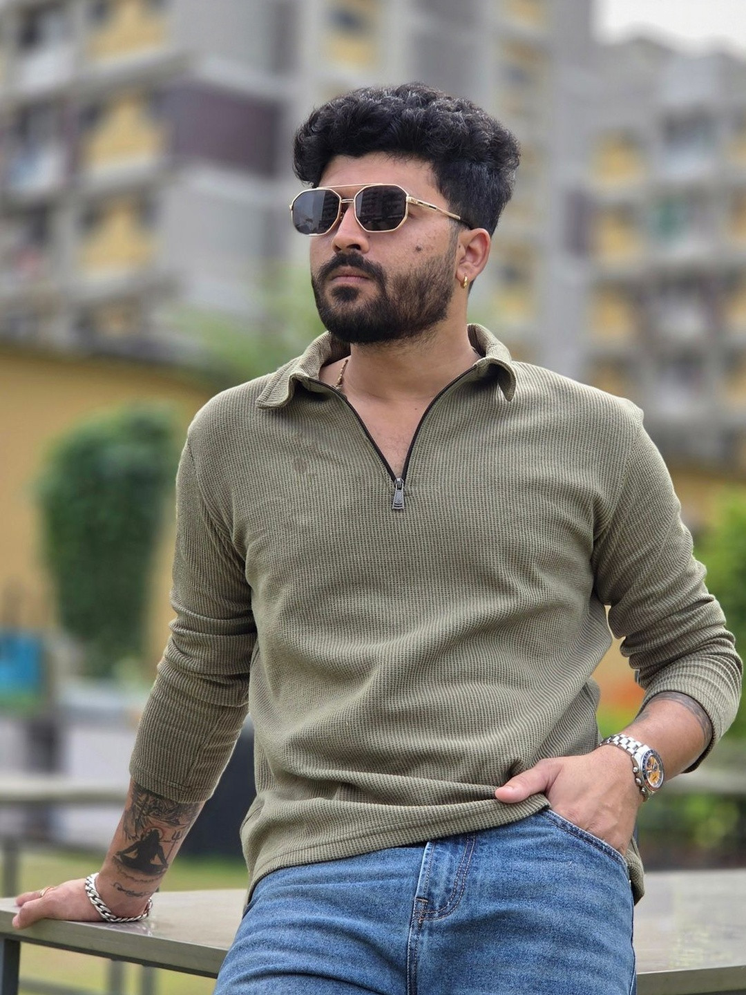 Own The Look Self Design Polo Collar Pure Cotton Regular Fit T-shirt