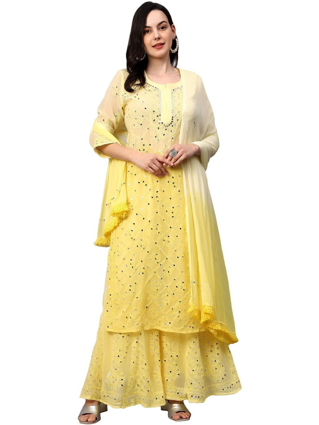 MRS RIGHT Floral Embroidered Georgette Chikankari Straight Kurta With Sharara & Dupatta